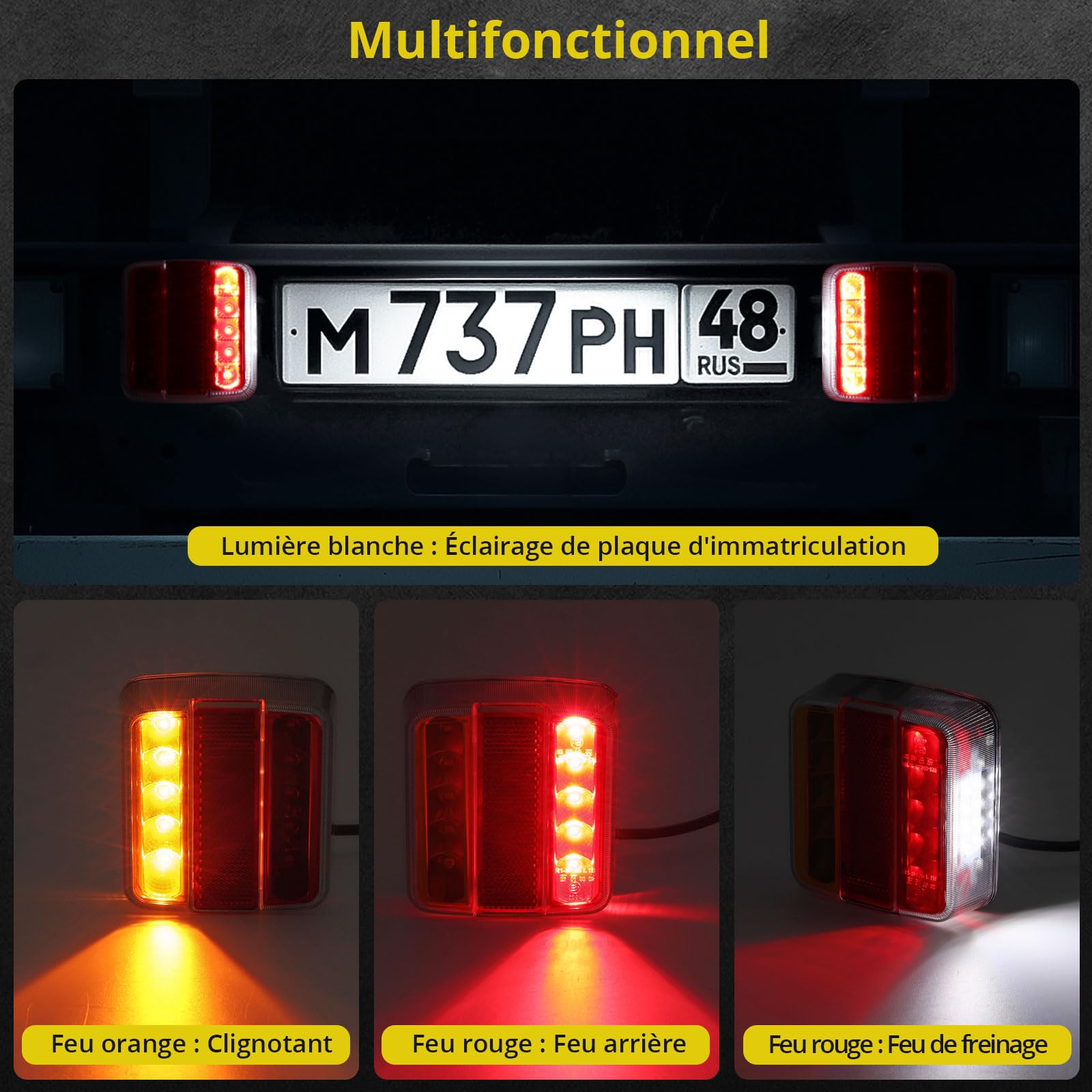 PROZOR 18 LED Feu Arrière pour Remorque avec Réflecteur 2pcs Feux de Remorque Vis Intégré E-marqué IP65 avec 7.5m Câble 7 Pin Connecteur Feux de Frein Arrière Rouge Ambre Blanc pour 12V Camion Van