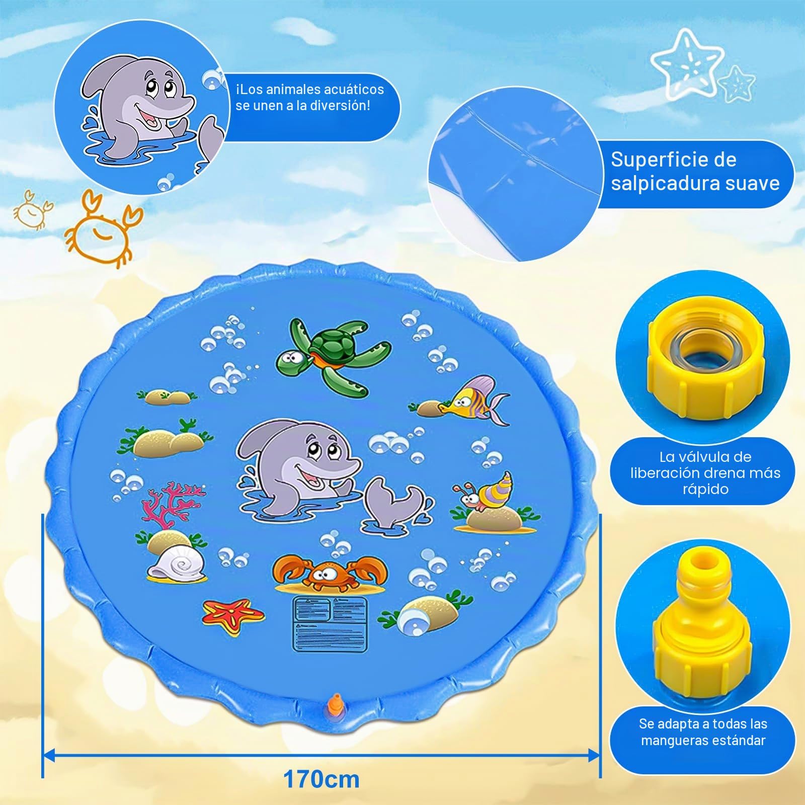 Alfombra Rociadora de Agua para Exterior 170 cm, Juguete Acuático Infantil para Niños 2 3+ Años, Parque Acuático con Conexión para Manguera - Piscina Refrescante Jardín, Mascotas