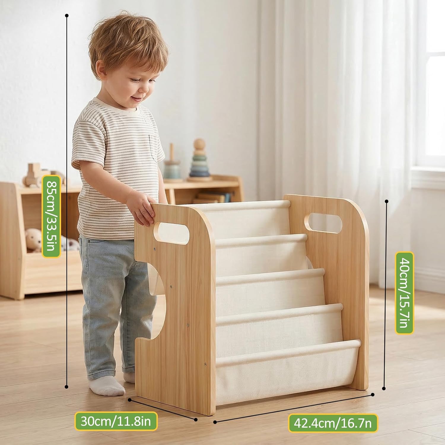 XiaZ Bookshelf for Kids Room Wooden Montessori Toddler Bookshelf Solid Pine C-Frame Child Book Shelf with Handle, Portable 4-Tier Kids Nursery Book Organizer Bookcase Easy Install for Study Room