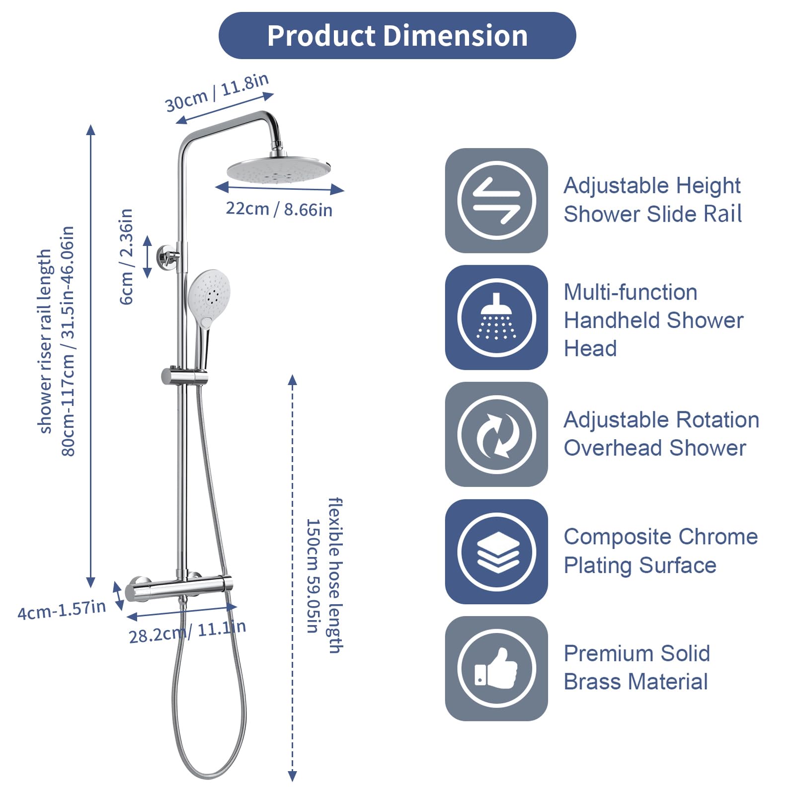 Duschsystem mit Armatur Chrom Runden Duschset ohne Thermostat aus Messing | Duscharmatur Komplettset Höhenverstellbar 80-117cm, Duschamaturenset mit 22 cm Regendusche, 3 Strahlarten Handbrause, 150mm