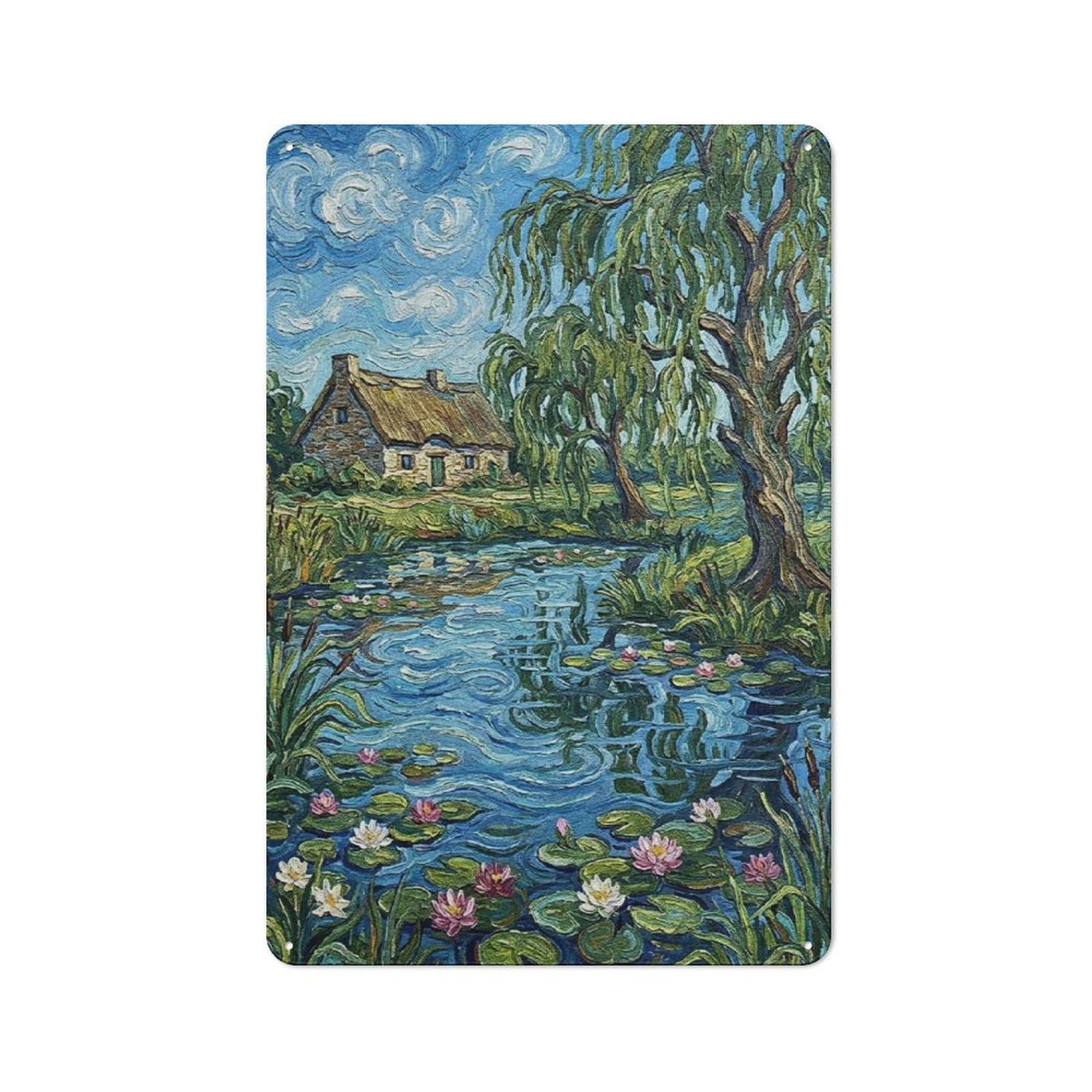 Junmoney Style-3 Classic Impressionistic Cottage By Pond With Lilies Metal Wall Plaque 30X20cm, Nostalgic Wall Art For Living Room, Hallway, Kitchen Or Cafe