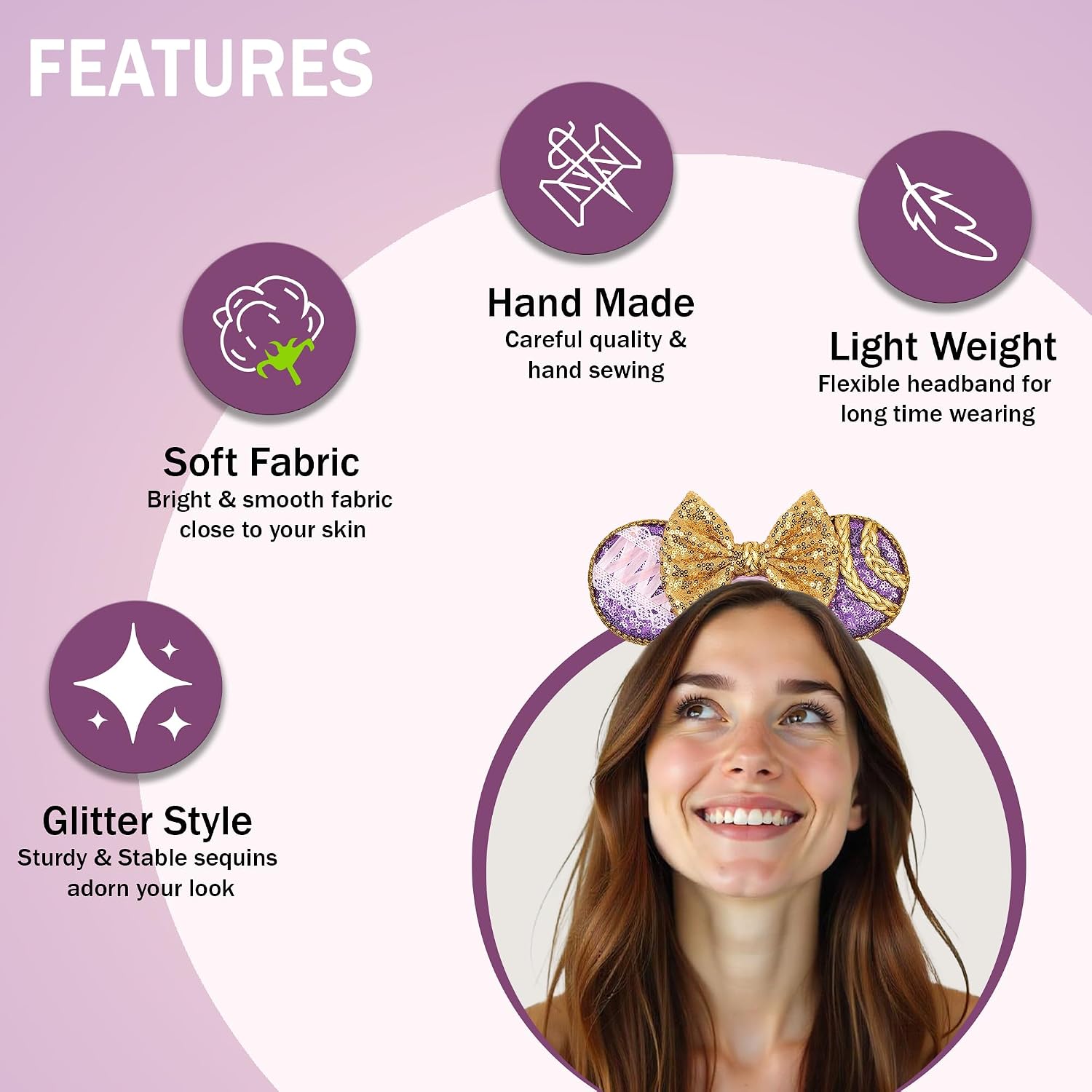 zhezesmila Purple Mouse Ears Headband with Sequins Ears Scrunchies for Women & Girls – Princess Costume Party Birthday Theme Park Outfit