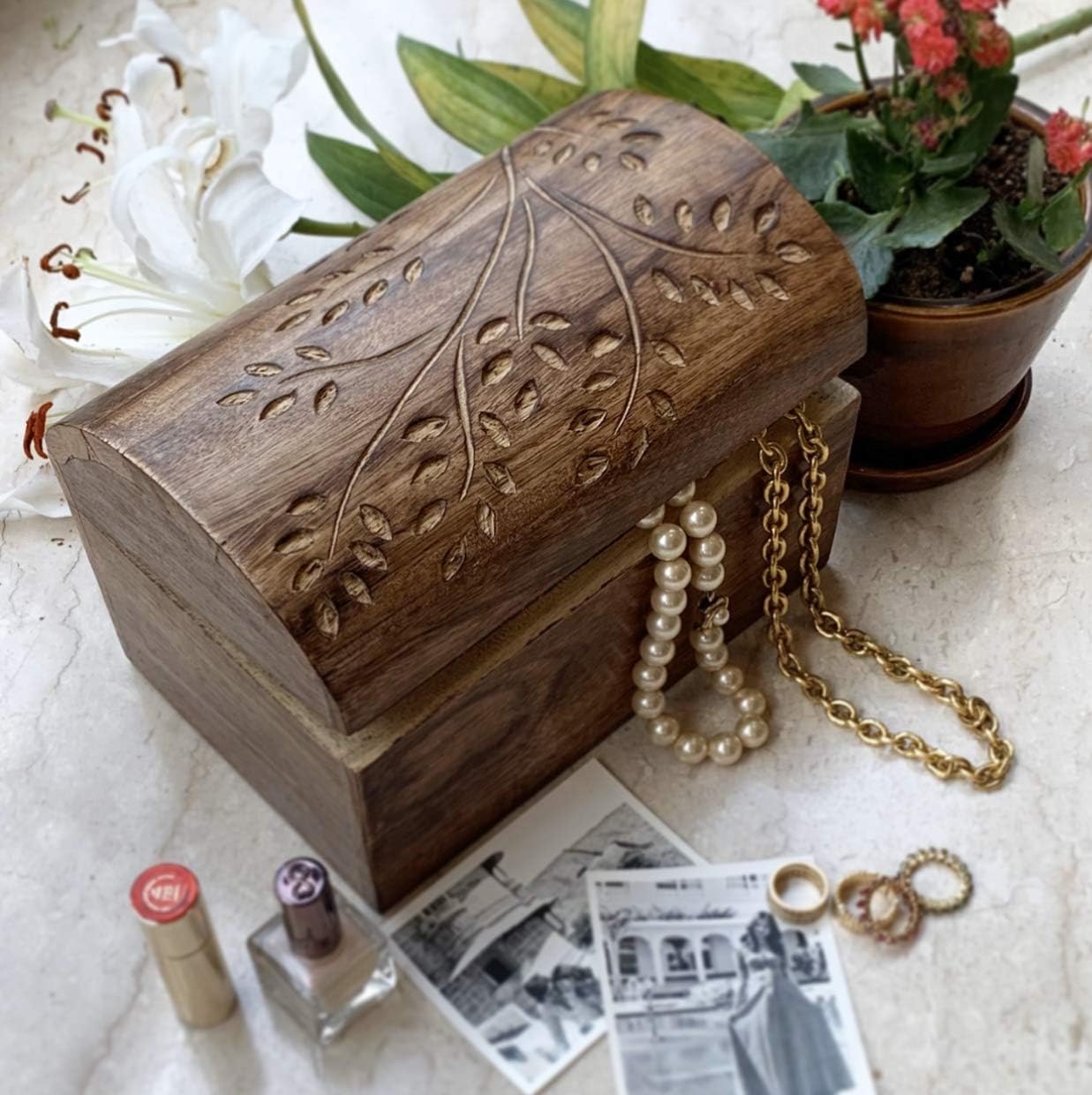 Great Birthday Gift Ideas Handmade Decorative Wooden Jewellery Keepsake Box Treasure Jewellery Organizer Treasure Chest Trinket Holder Lock Watch Box 22 x 15 cms Gifts Her (Antique Finish) - Image 3