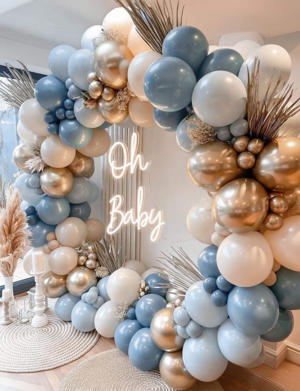Dusty Blue and Gold Balloons - 12 Inch Dusty Blue Balloons Metallic Gold Sand White Latex Balloon Baby Shower Balloon for Girls Gender Reveal Birthday Party Supplies, Boy Baby Shower Decoration - Image 2