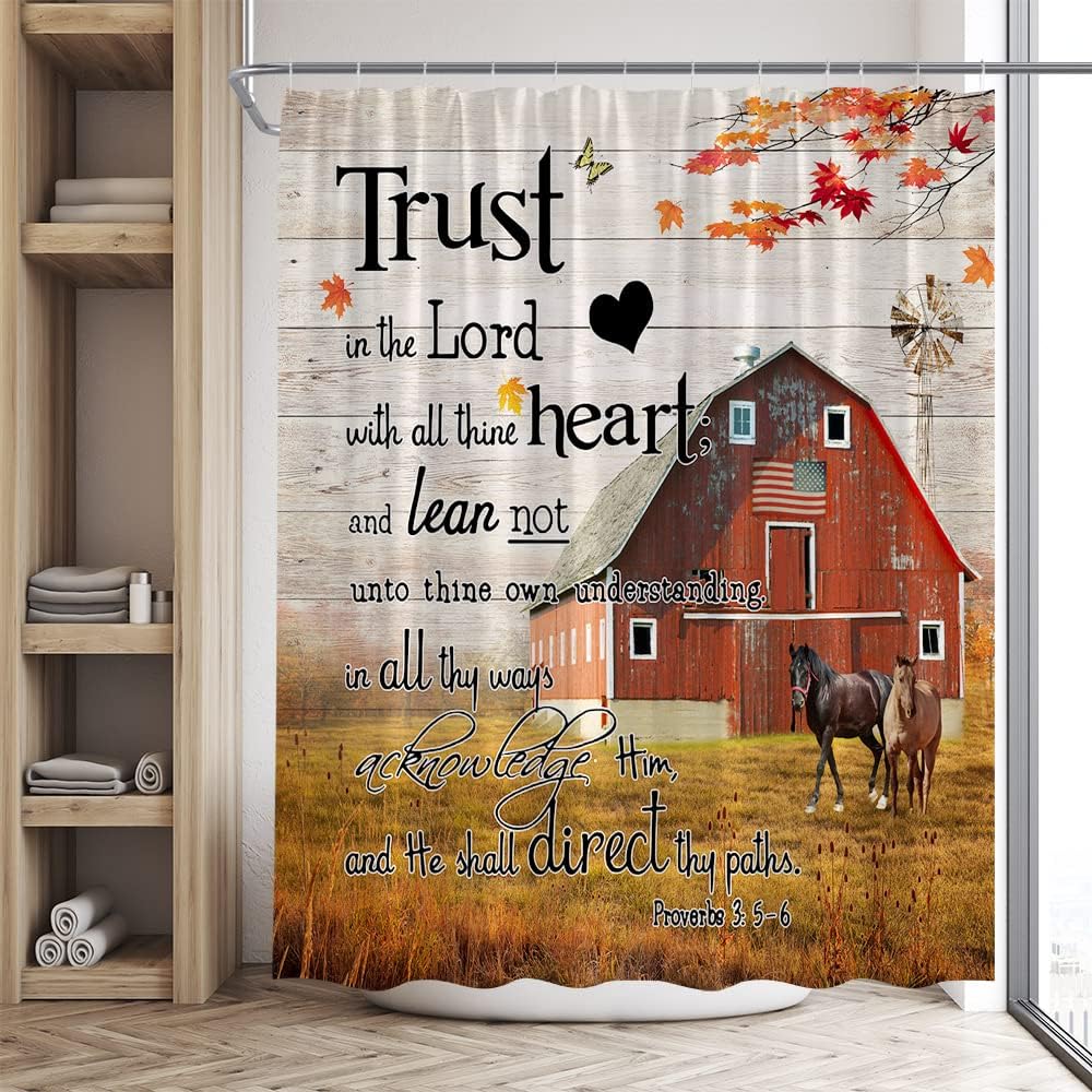 Rustic Farmhouse Horse Barn Windmill Shower Curtain Inspirational Quote Farm Animal Maple Leaf Motivational Words Vintage Wooden Plank Fall Scenic Fabric Bathroom Set with Hook 84Wx70H Inch
