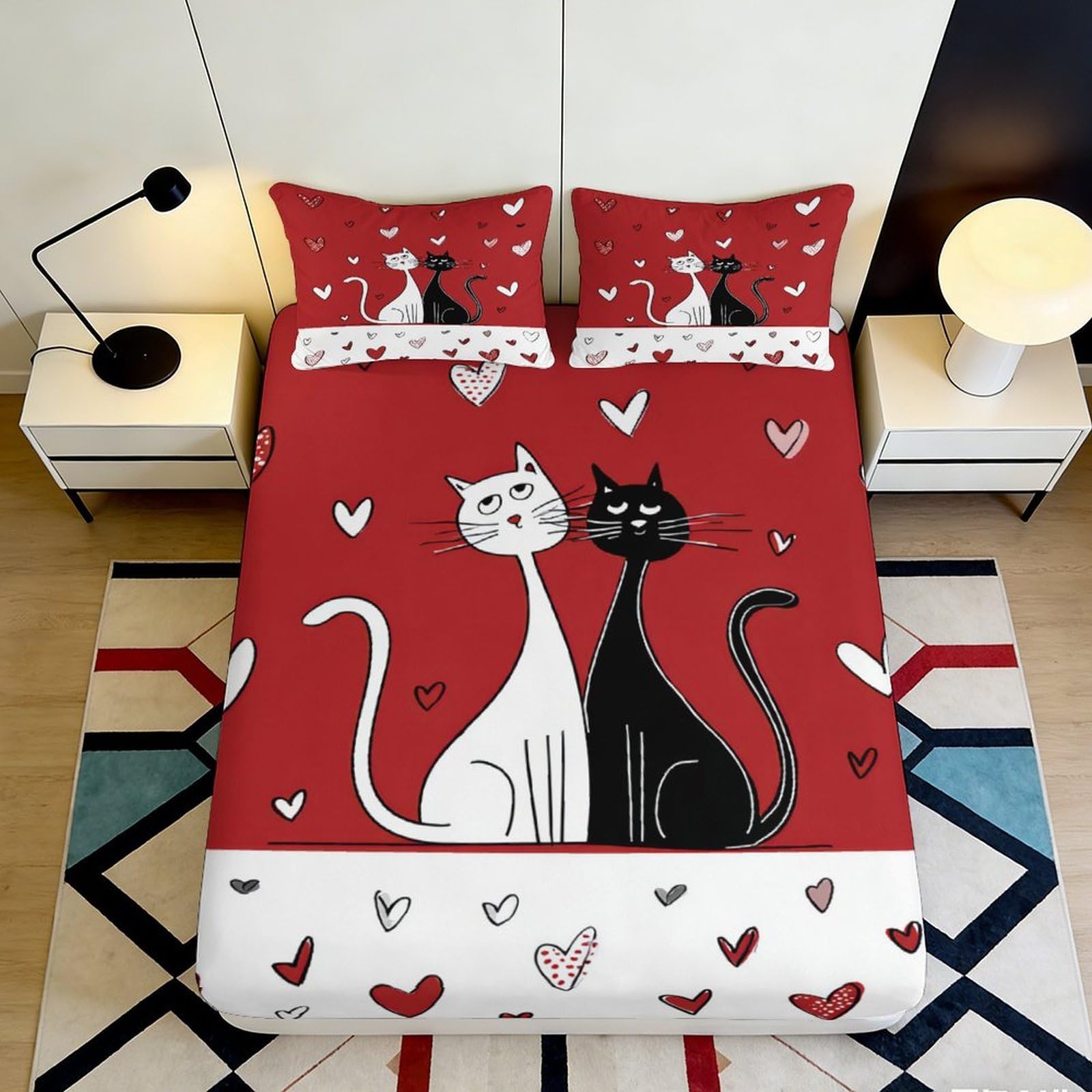 3D Printed Cartoon Cat Fitted Sheet Microfiber Red Heart Love Mattress Cover for Bedroom Dorm Protection Decor 160x200x25cm