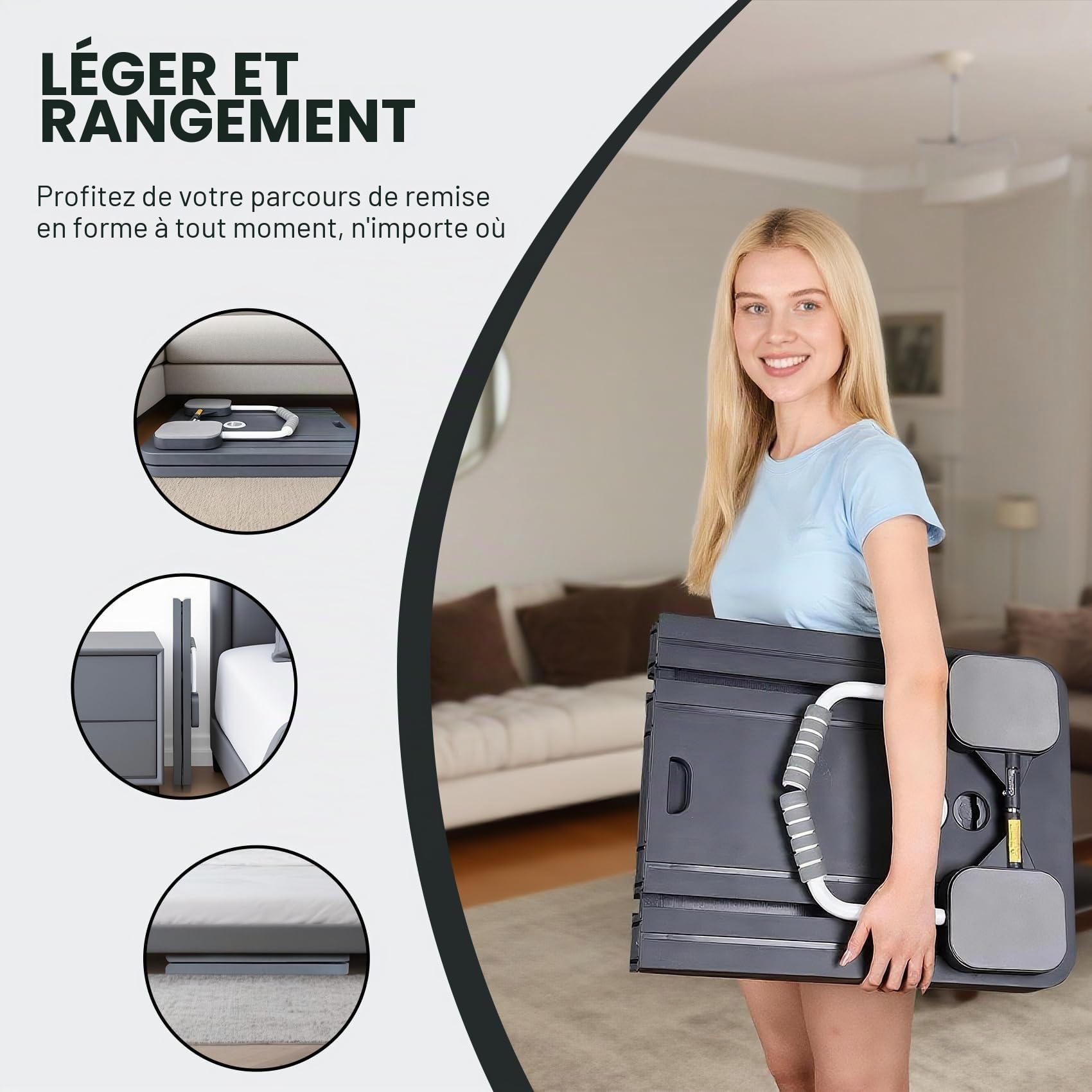 Pilates Reformer Compact, 5 en 1, pliable, avec compteur LED, rouleau à rebond automatique, planche abdominale multifonctionnelle pour la maison et la salle de sport (noir avec poignée)