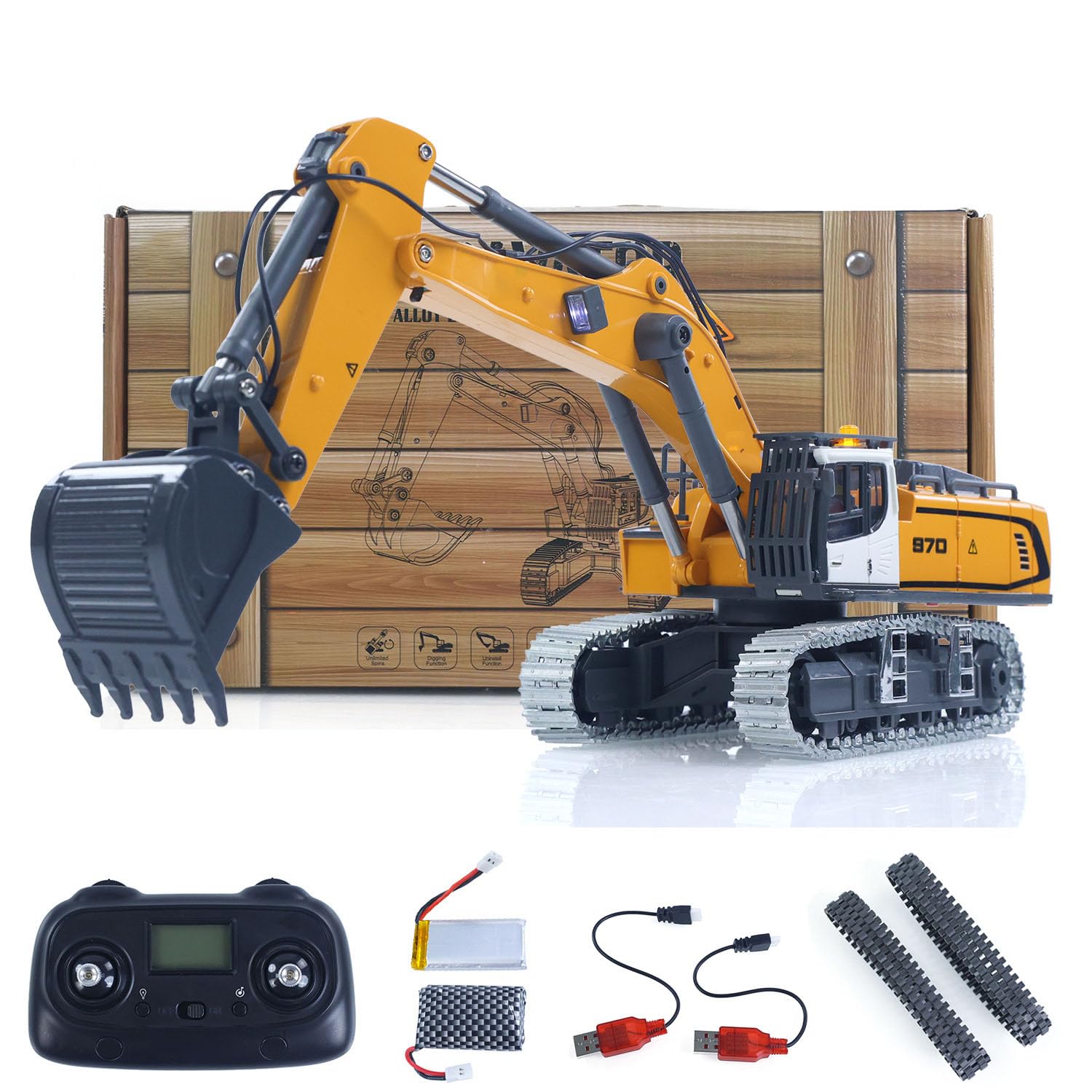 TOUCAN RC HOBBY 1/50 RC Excavator K970 Engineering Vehicle Electric Lifting Remote Control Digger Metal Bucket Tracks Light Sound RTR Battery Present Plastic track Yellw