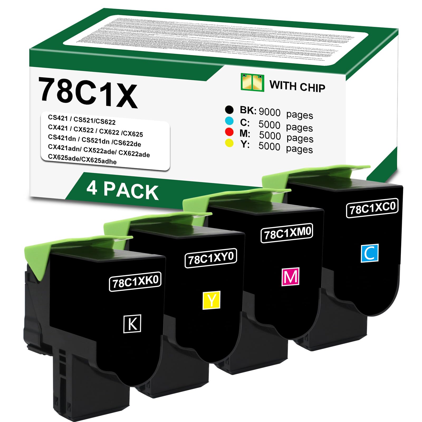 High Yield 78C1X CS421 CX522 CS521 Toner Cartridge Extra Compatibl | for Lexmark CS421 CS521 CS622 CX522 CX421 CX622 CX625 Printer with 78C1XK0 78C1XC0 78C1XM0 78C1XY04 Pack 78C1X Toner