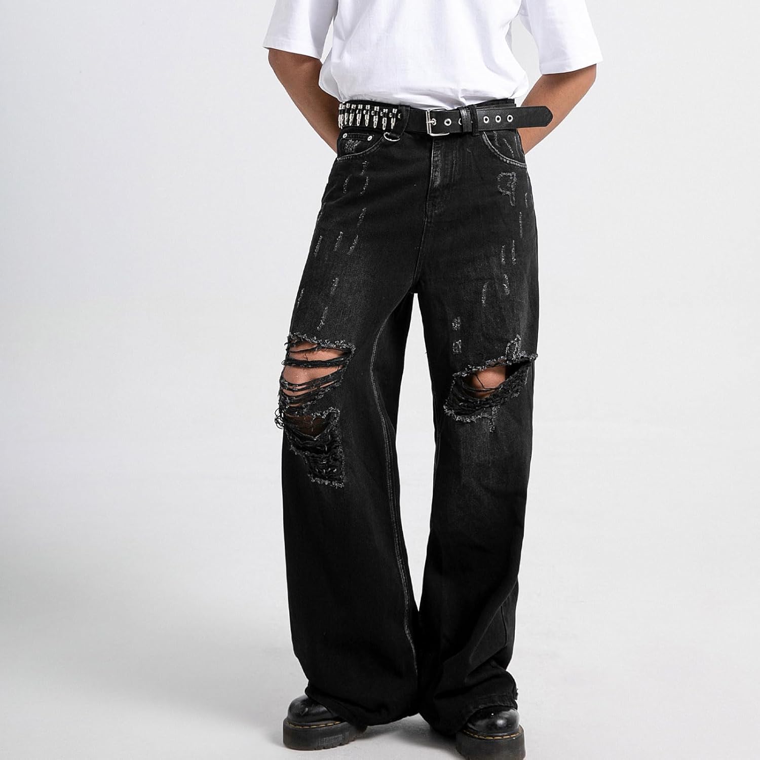 COOLMONAR Men's Baggy Jeans Ripped Black Wide Leg Distressed Destroyed Jean Denim Pants - Image 3