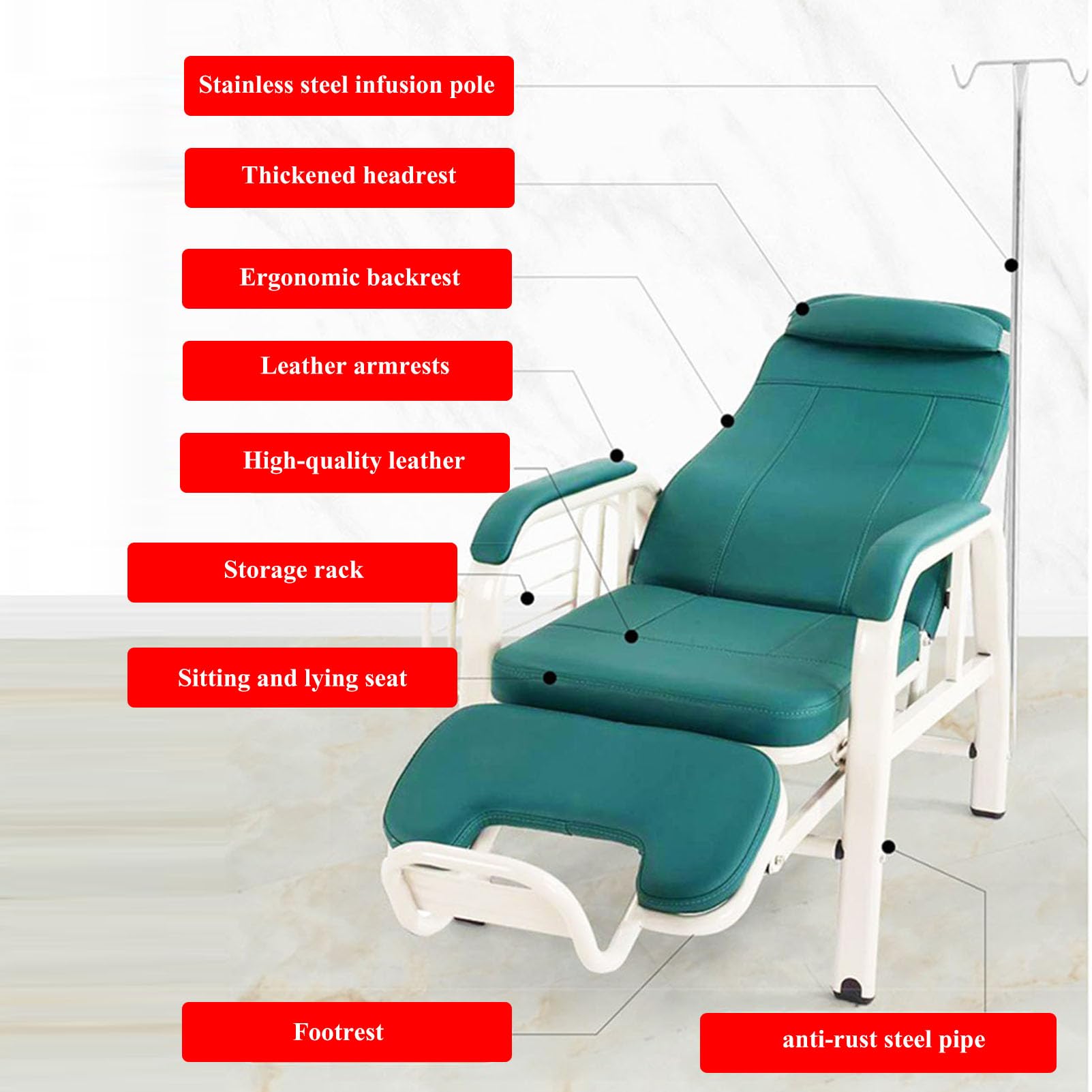 Silla de flebotomía médica reclinable con asiento acolchado suave para salas de espera, exámenes, primeros auxilios, laboratorios de investigación y uso en el vestíbulo