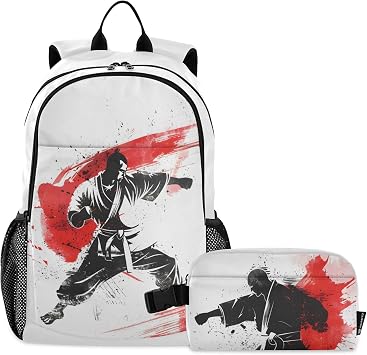 Kids Backpack Two Karate Master Battling Boys Girls School Backpack with Lunch Bag Bookbag Set