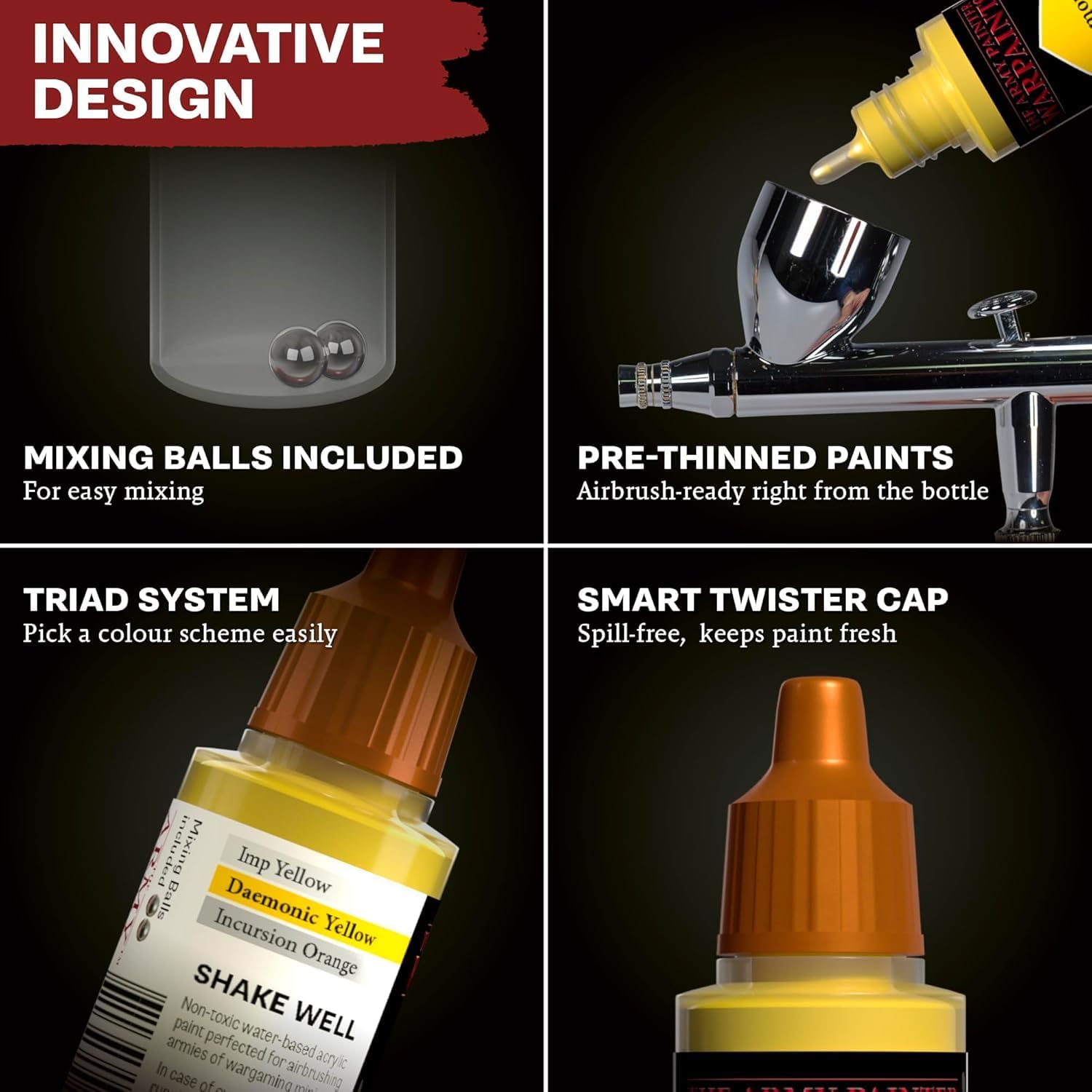 The Army Painter, Warpaints Air Starter Set, 12 x 18ml Pre-thinned Acrylic Airbrush Paints, incl. 1 Metallic & 1 Grey 100ml Primer - Air brush Paint Kit for models and miniature painting