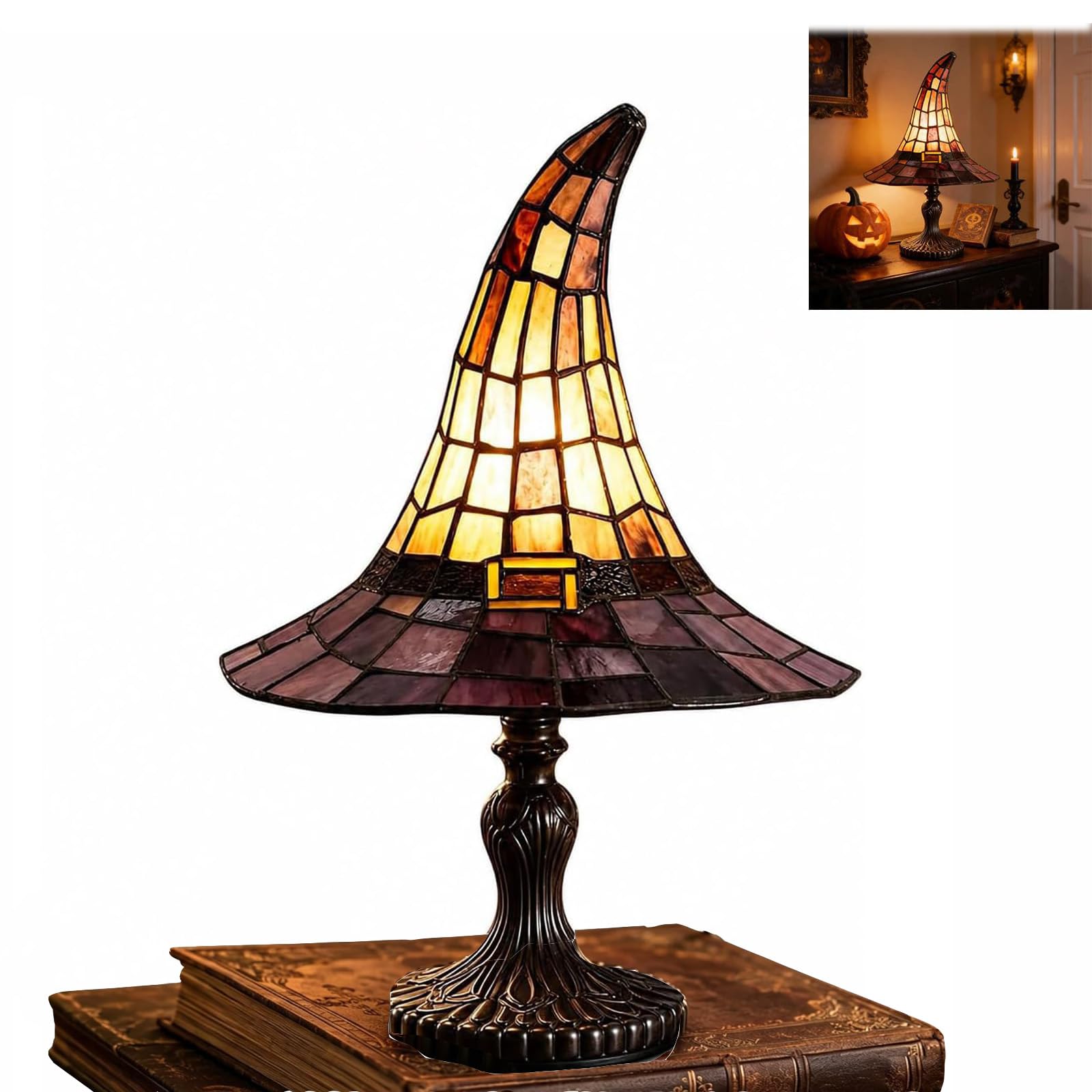 Stained Glass Witch Hat Lamp, Handcrafted Retro Resin Witch Lamp, USB Gothic Wizard Hat Night Light, Halloween Hat Lamp, Halloween Home Decor for Christmas Bedroom Birthdays Presents、30cm