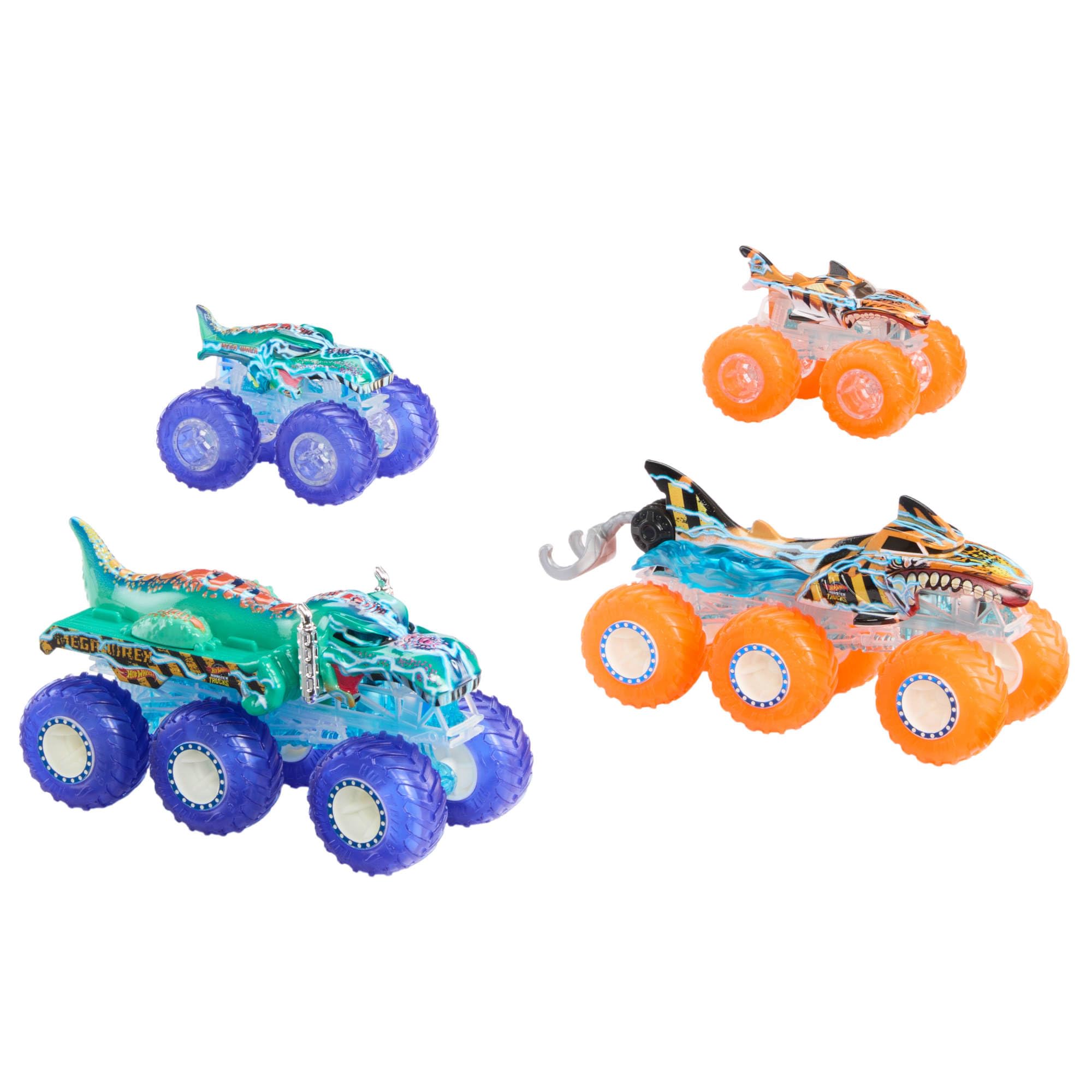 Hot Wheels Monster Trucks 6-kołowe ciężarówki + pojazdy Wielopak z pojazdami Mega-Wrex i Tiger Shark w skali 1:64 oraz 2 ciężarówkami z dekoracjami Power Smashers, HYJ29