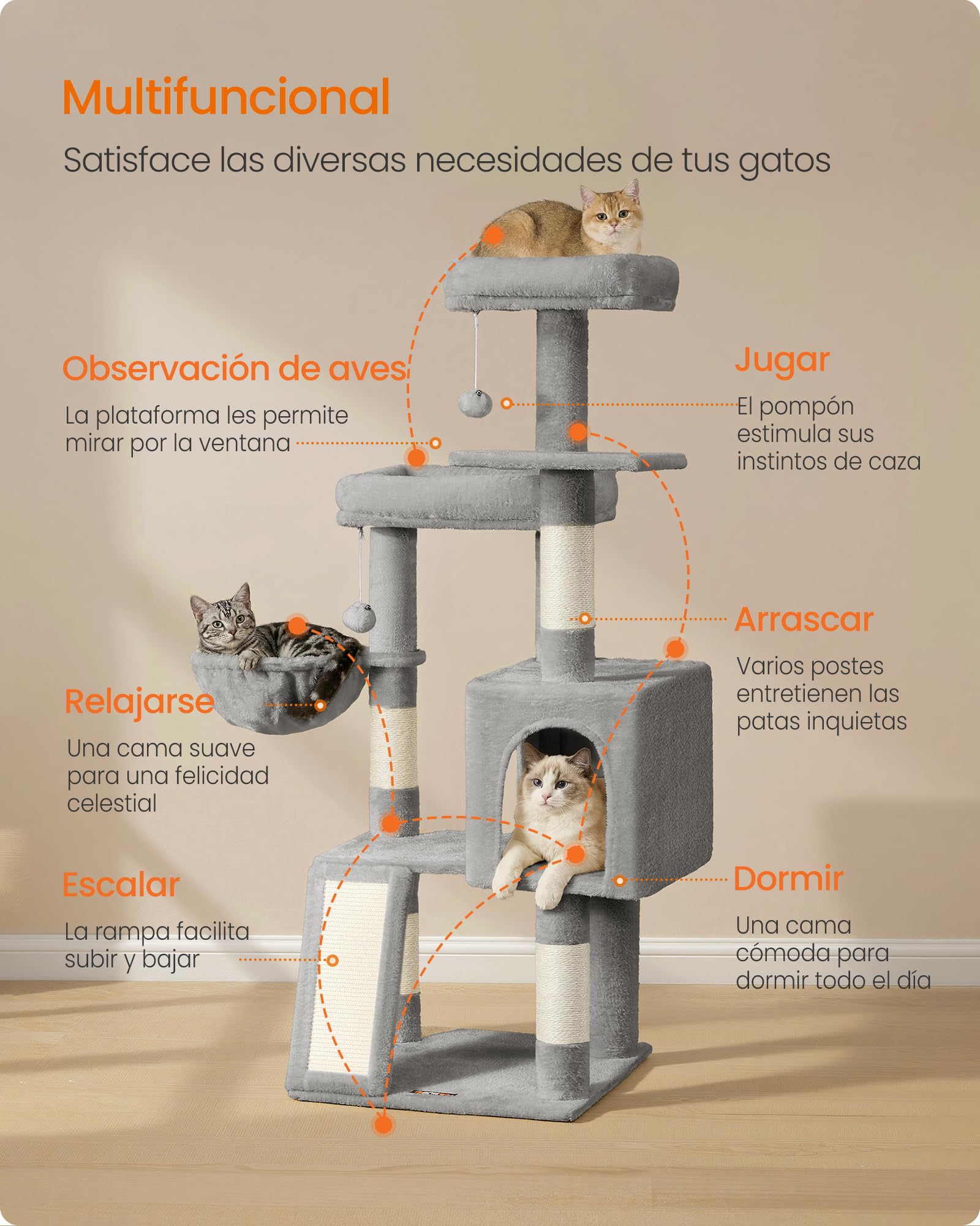 Feandrea Árbol para Gatos, Rascador de Gatos, Torre con Postes y Rampa Rascador, 3 Grandes Plataformas, 1 Cueva, 1 Hamaca, 2 Pompones, Altura 136 cm, Gris Paloma PCT012GD01