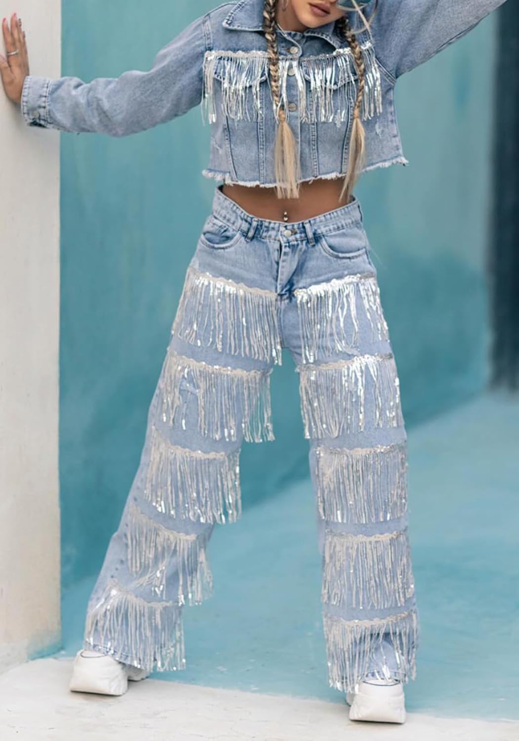 YOOTIKO Womens Tassel Baggy Jeans Y2k Sequin Fringe Pants High Waisted Straight Wide Leg Denim Jeans - Image 3