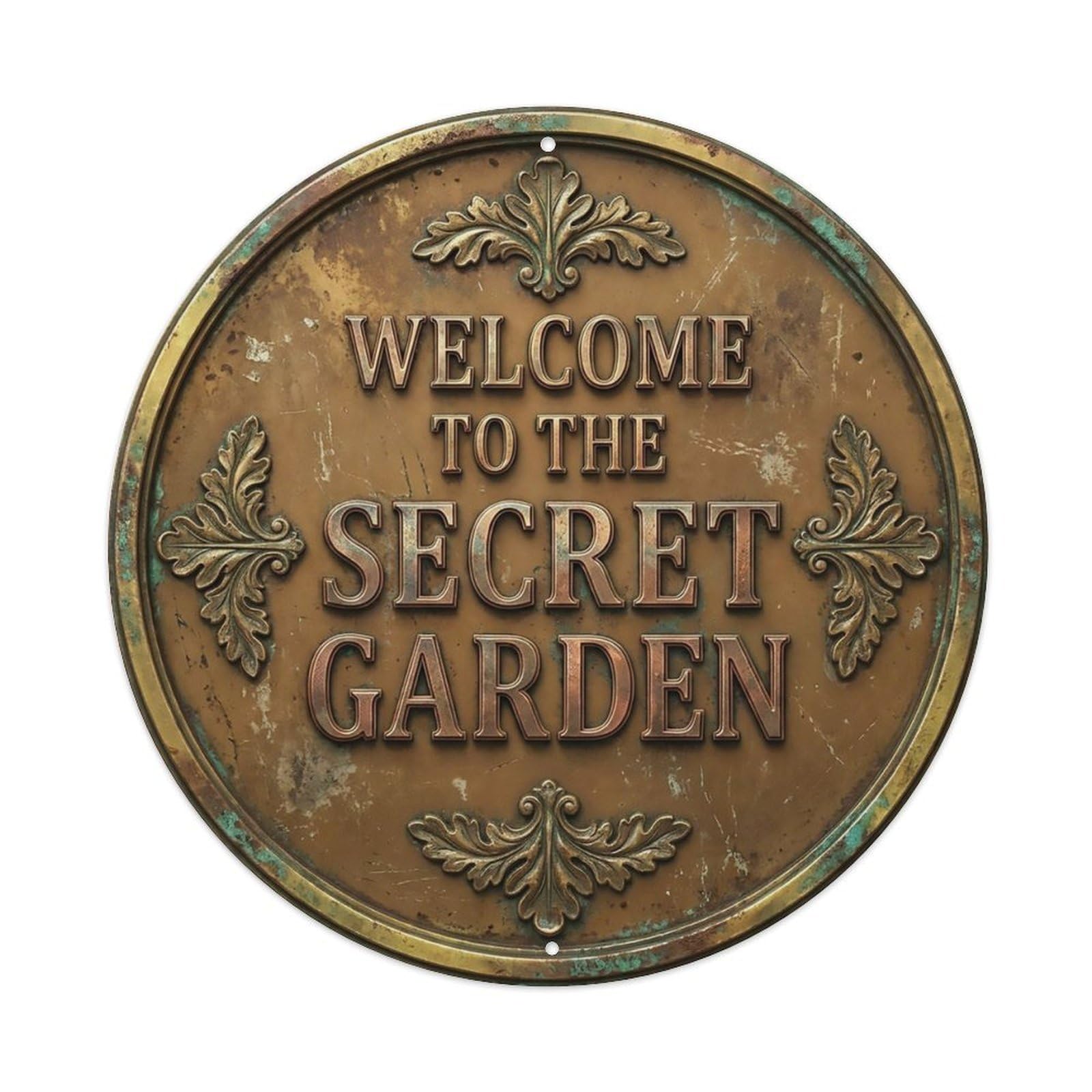 Vintage Welcome Secret Garden Brass Caramel Oak Metal Tin Sign