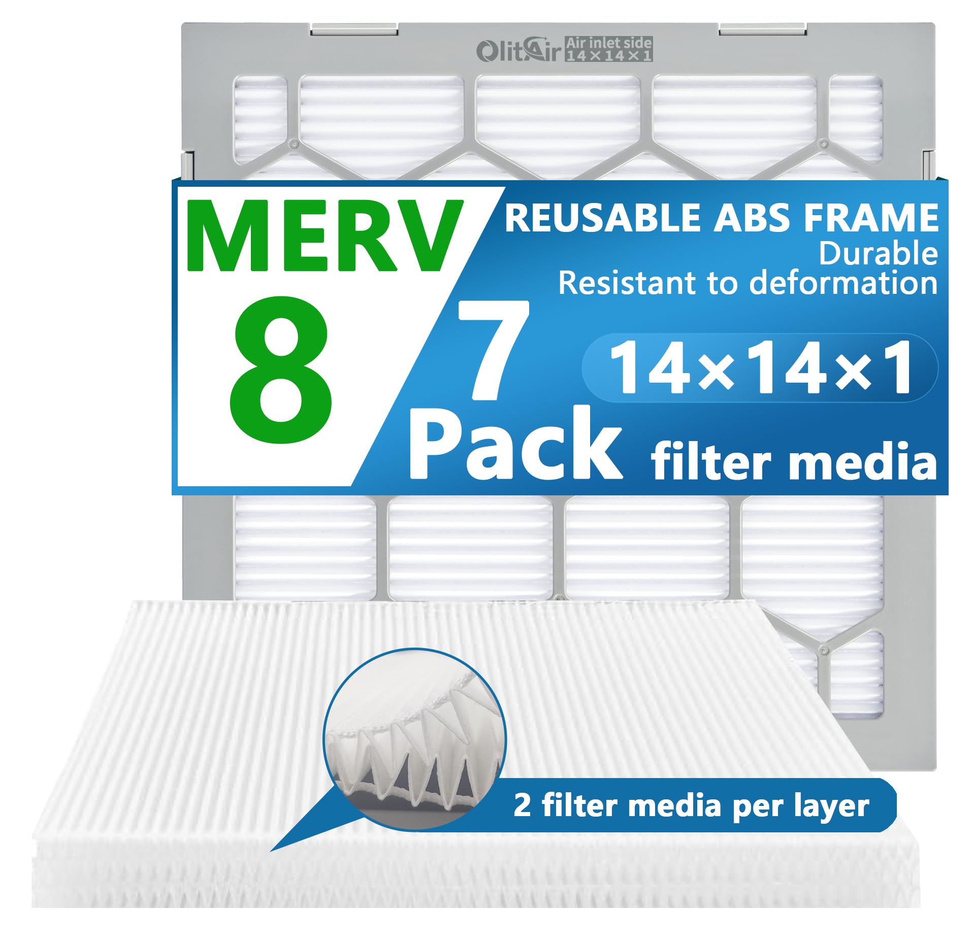 14 x 14 x 1 MERV 8 Luftfilter, AC-Ofen-Luftfilter, wiederverwendbarer ABS-Kunststoffrahmen, 7 austauschbare Filtermedien. Tatsächliche Größe (ca.): 35 x 35 x 2 cm