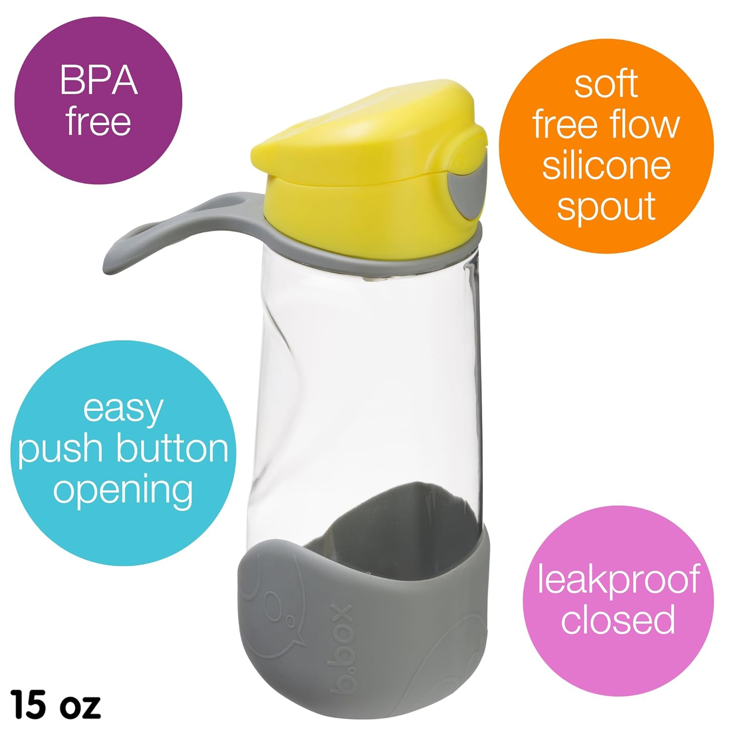 b.box 15oz Sport Spout Kids Water Bottle for School, Sports, Daycare - No-Straw Design for Easy Cleaning - Leakproof - Ergonomic Triangle Grip - Dishwasher Safe, BPA Free, PFAS Free - Lemon Sherbet - Image 3