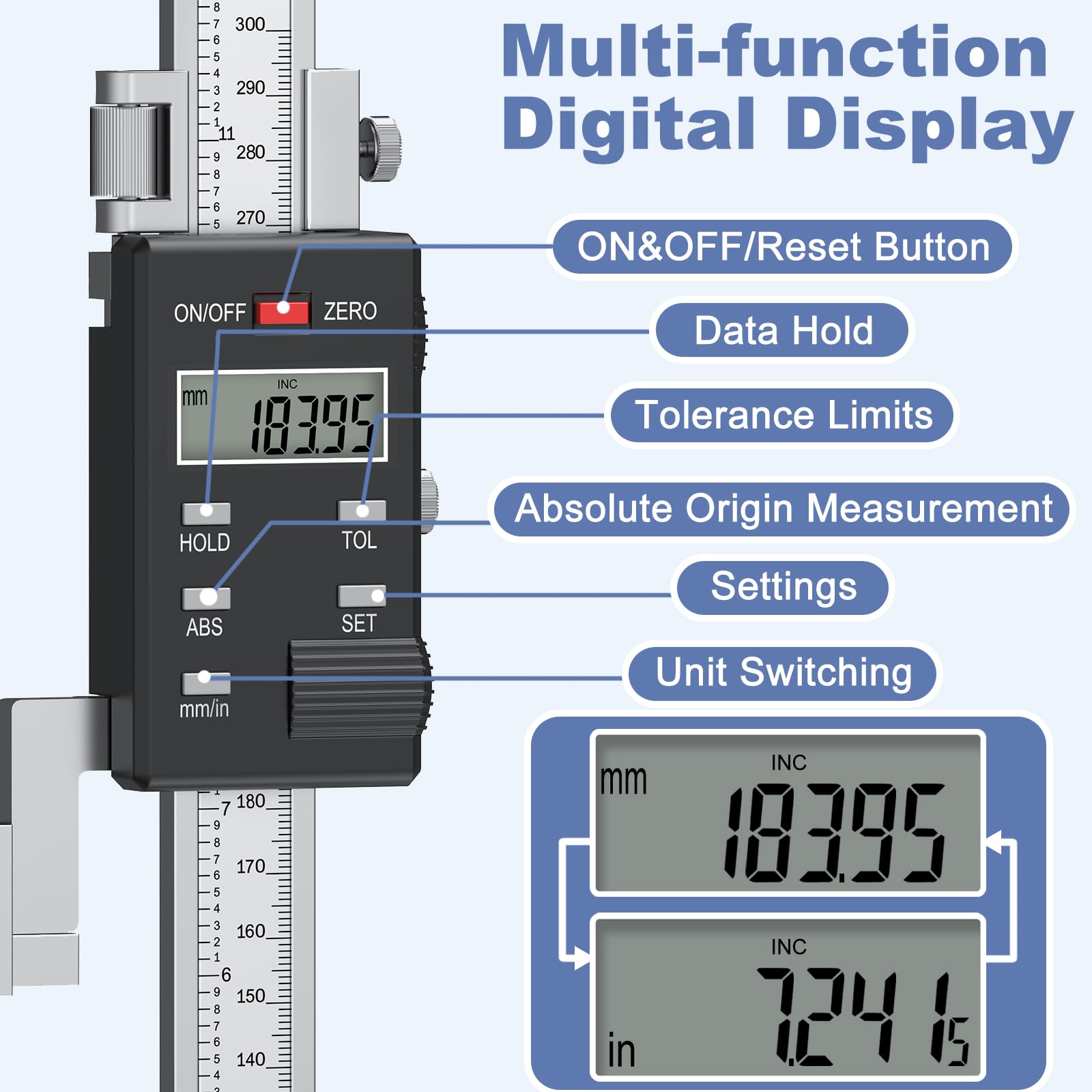 HDLNKAK Medidor de elevación digital de 12in / 300 mm con resolución de 0,0013 cm, modos de medición dobles (ABS/INC), base de hierro fundido duradera, viene con funda de transporte y baterías