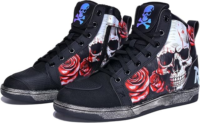 Retro Skull & Rose Motorcycle Riding Shoes for Men Women, Casual Daily Wear Motocross Sneakers with Side Zipper, Ankle Support & Anti-Slip Protective Footwear