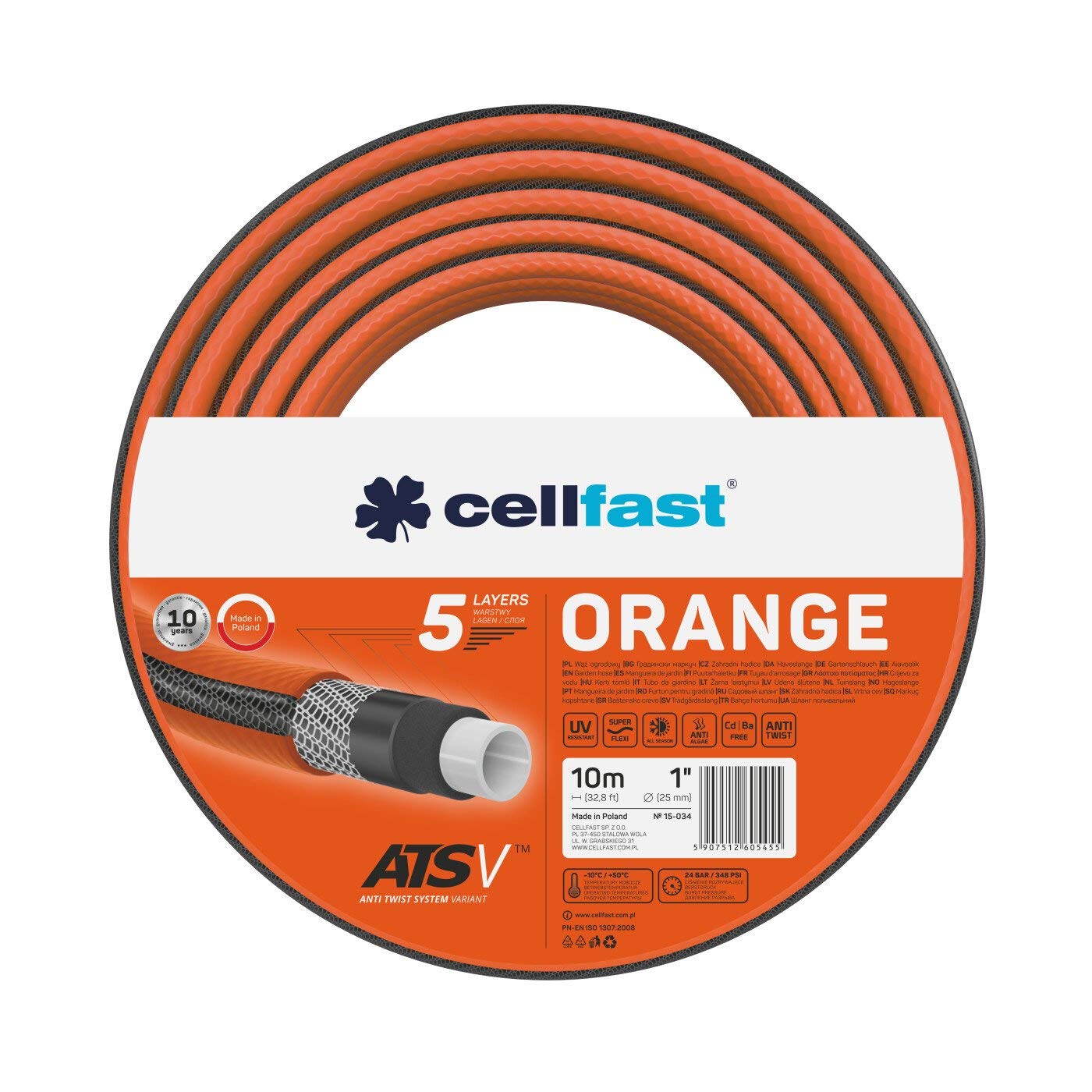 Cellfast ORANGE Gartenschlauch, Strapazierfähig, Leicht, 5-lagig, Durable ATS Trikot, UV und Algenfest, Schwermetallfrei, 24 Bar, -10/+50° Karabinerverschluss 1", 10m