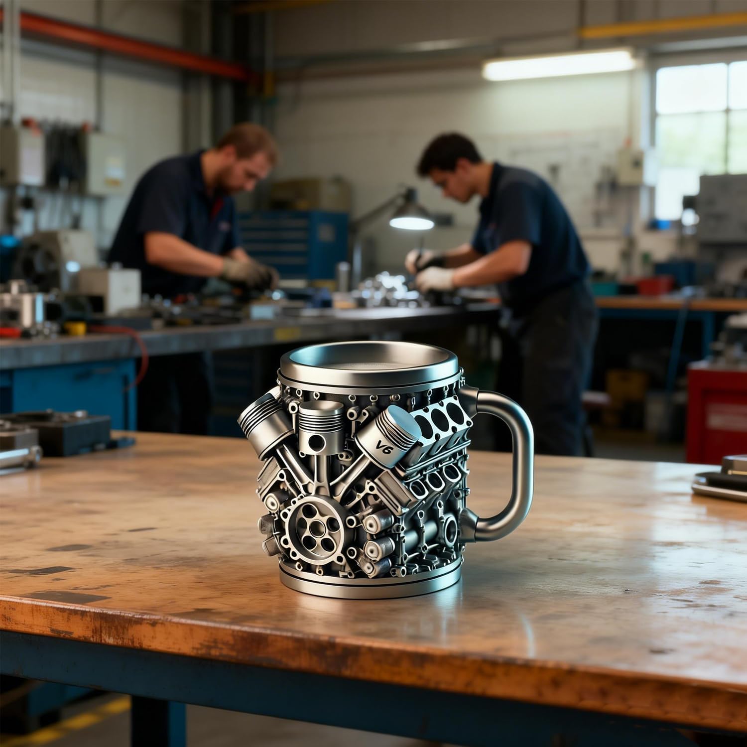 15oz Toolbox Loud Cup - V6 Engine Themed Coffee Mug, Stainless Steel Inner & Resin Exterior Mechanic Gift for Men, Auto Holiday Gifts for Car Guys-Silvery V6 image 4