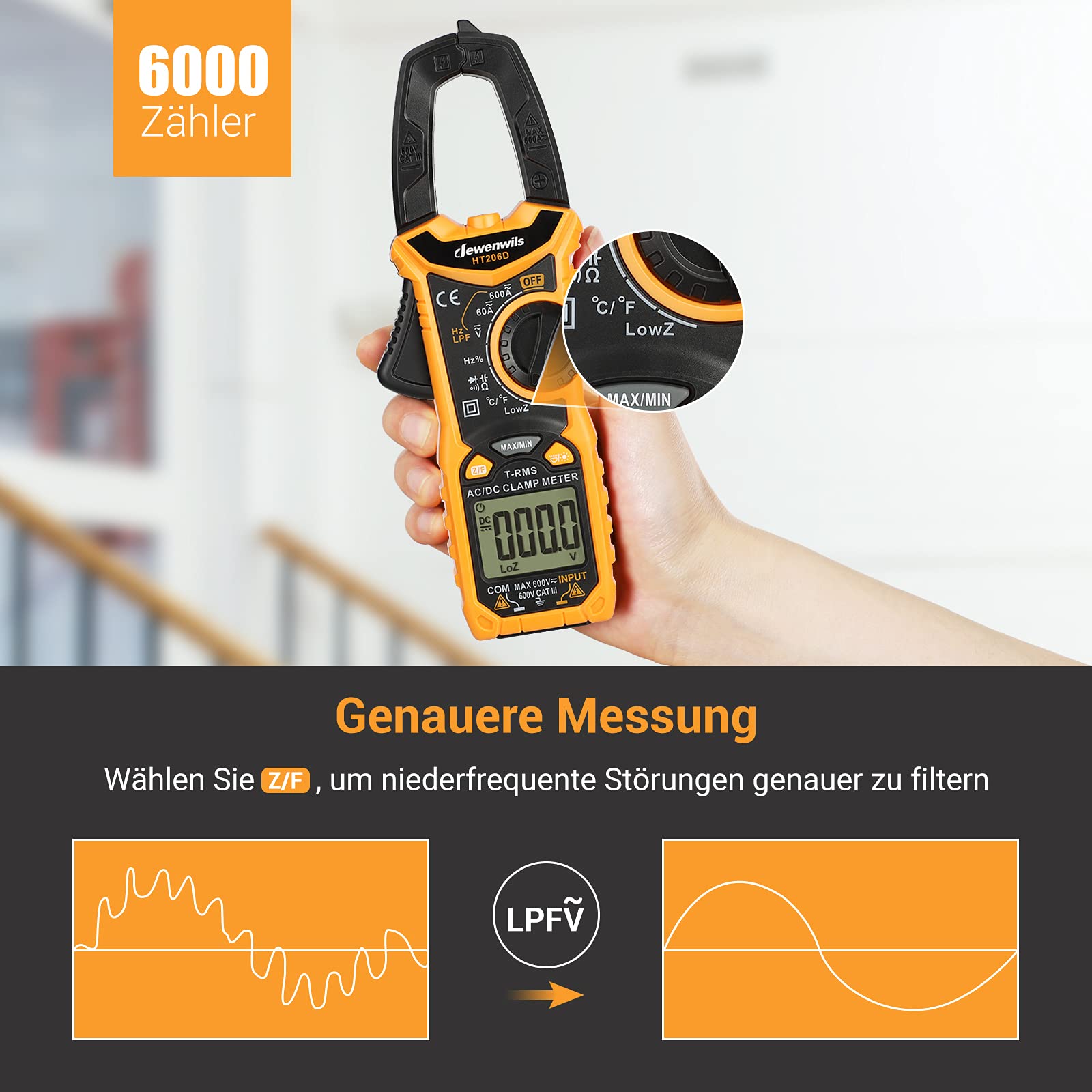 DEWENWILS Stromzange, 6000 Counts Strommesszange 600A AC/DC, Amperezange True RMS CAT III 600 V Auto-Ranging NCV, für AC/DC Spannung/Strom/Widerstand/Kapazitanz/Temperatur Messung