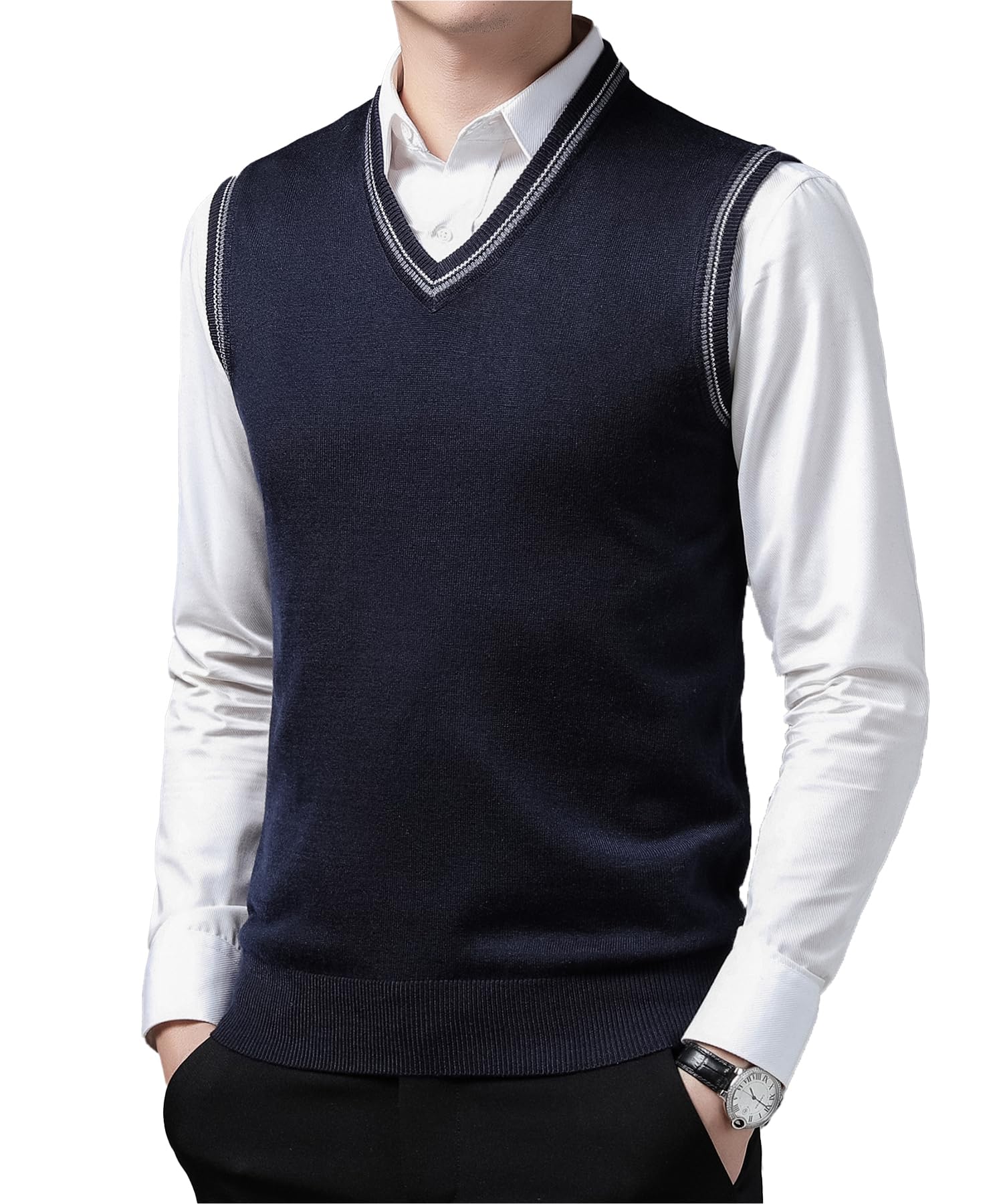Hombres Cuello en V Chaleco sin Mangas Clásico Negocio de Punto Chalecos Sólido Liso Slim Fit Todos los Partidos Suéter Camisetas Otoño Invierno Casual Pullover Chaleco de Punto Cardigans