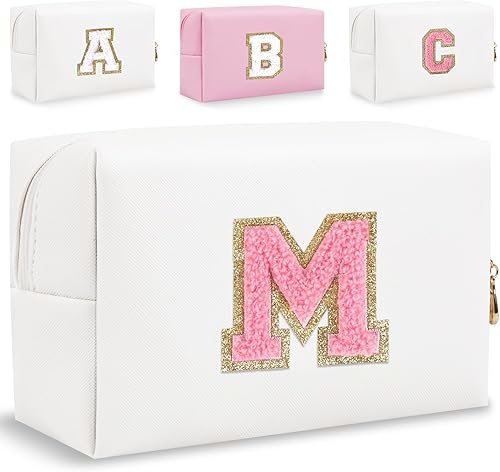 Pequeña bolsa de maquillaje personalizada, bonita bolsa de maquillaje de piel sintética con letras de chenilla, bolsa de cosméticos de viaje, bolsa