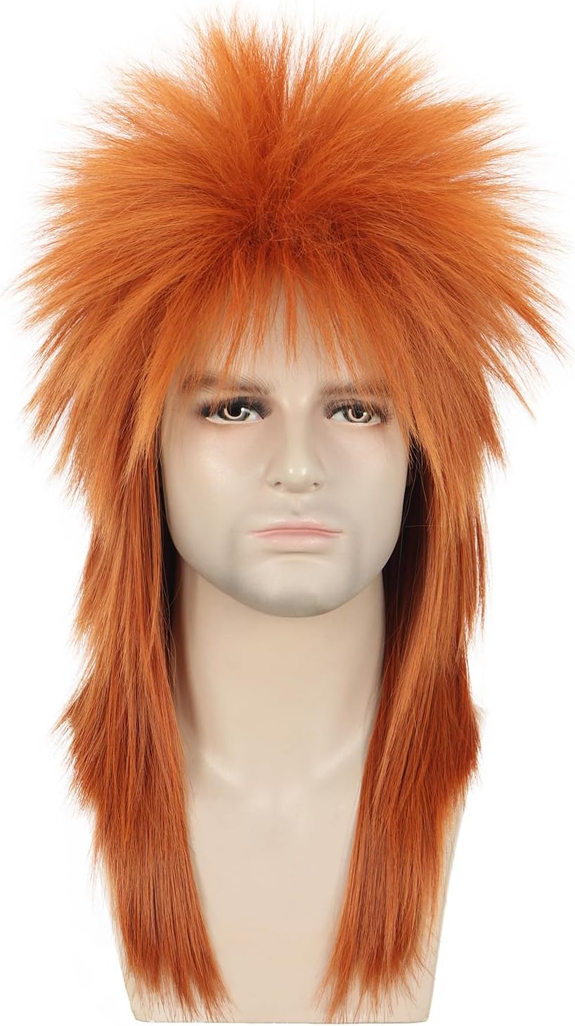 Karlery Men Women Long Straight Orange 70s 80s Heavy Metal Rocker Wig Disco Mullet Wig