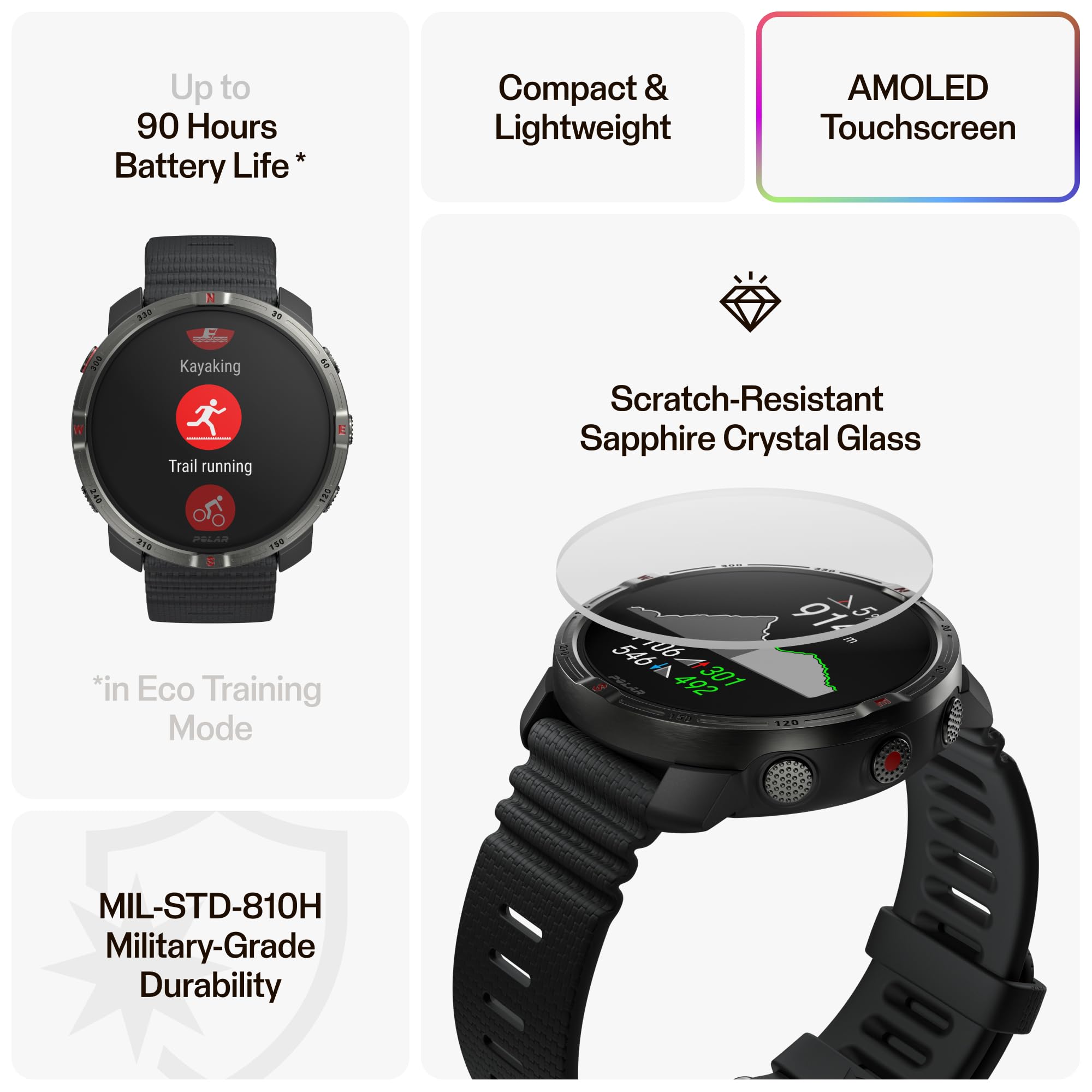 Polar Grit X2 Montre GPS Outdoor AMOLED | Cartes hors ligne, ECG au poignet, Technologie Elixir, Jusqu'à 7 jours d'autonomie