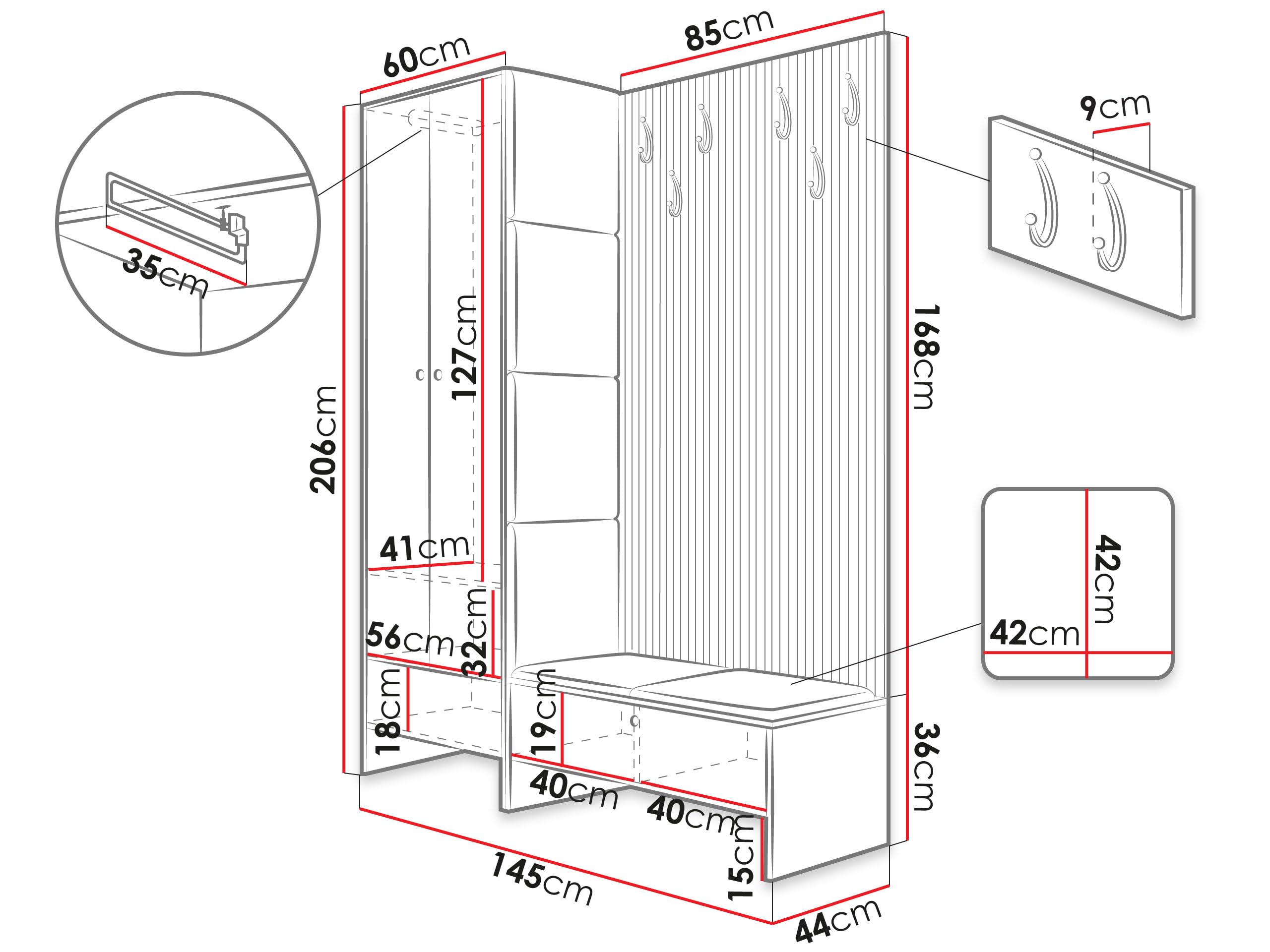 Mirjan24 Garderoben-Set Melire III Kleiderschrank Schuhschrank Lamellen Paneel mit Kleiderhaken Gepolstertes Paneel Wandpaneel Kleiderstange Wandgarderobe Flurgarderobe Eiche Artisan Manila 26