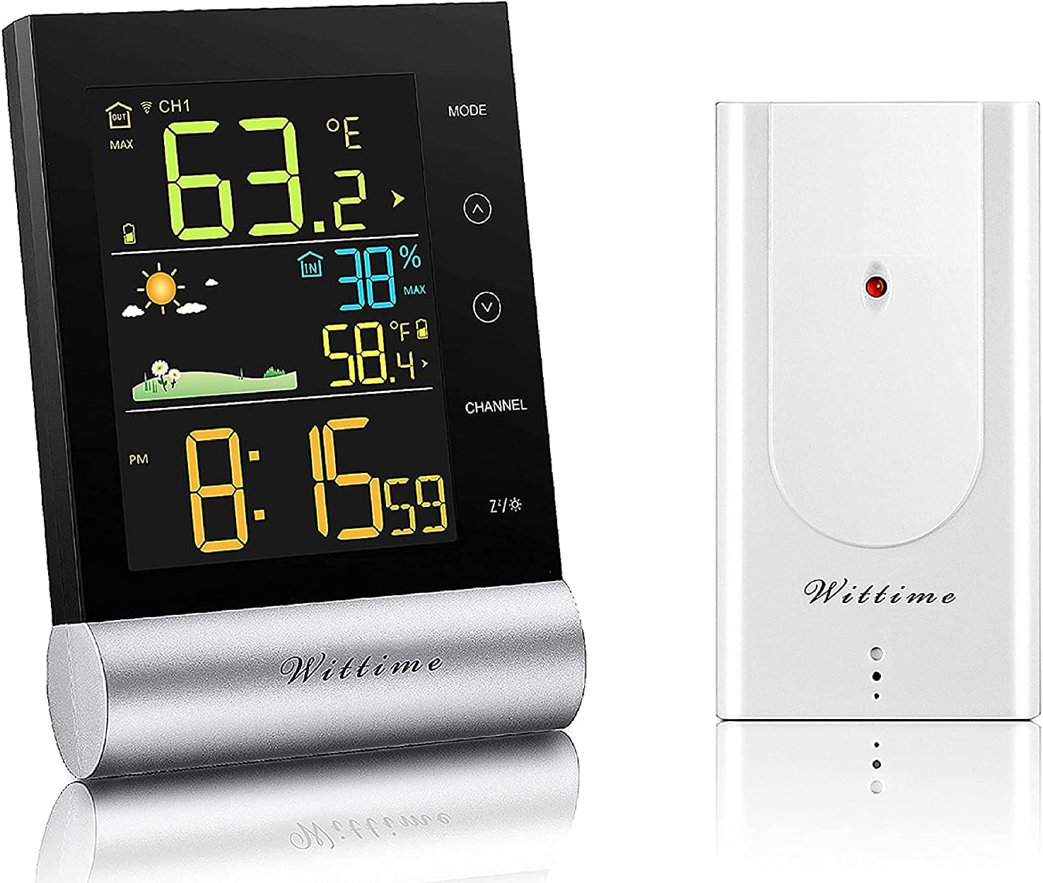 Wittime 2079 Indoor Outdoor Thermometer Wireless, Digital Temperature and Humidity Gauge Monitor with High Precision, Outdoor Temperature Thermometer 328ft Range, Color Weather Forecast Clock