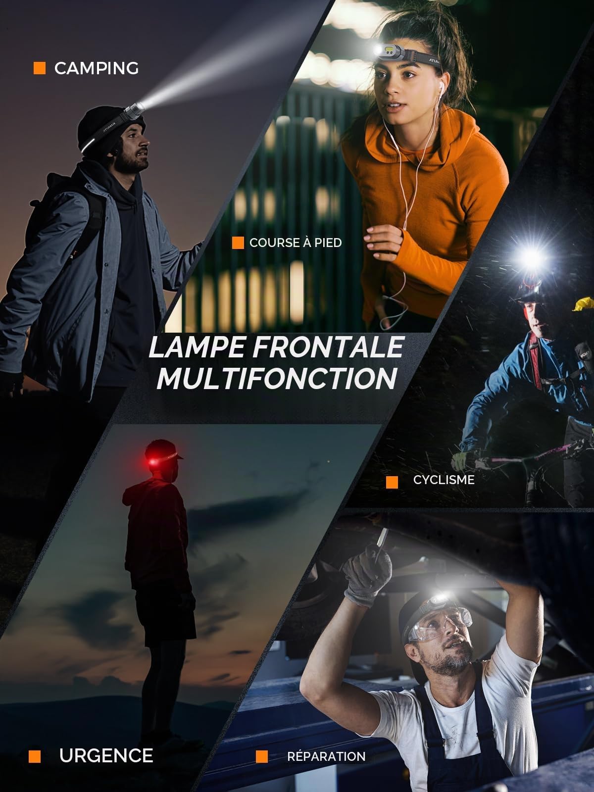 ATuMan MH1 Lampe Frontale Rechargeable, Torche Frontale Multifonction 1 Pack avec Voyant Rouge et 7 Modes d'Éclairage Headlamp IPX4 Légère avec Capteur Mouvement pour Camping/Urgence/Pêche/Course