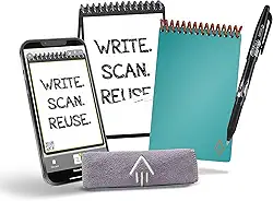 Rocketbook Caderno inteligente e reutilizável – Caderno ecológico pontilhado com 1 caneta Frixion Pilot e 1 pano de microfibra incluído – Capa Neptune Teal (8,89 cm x 14 cm)