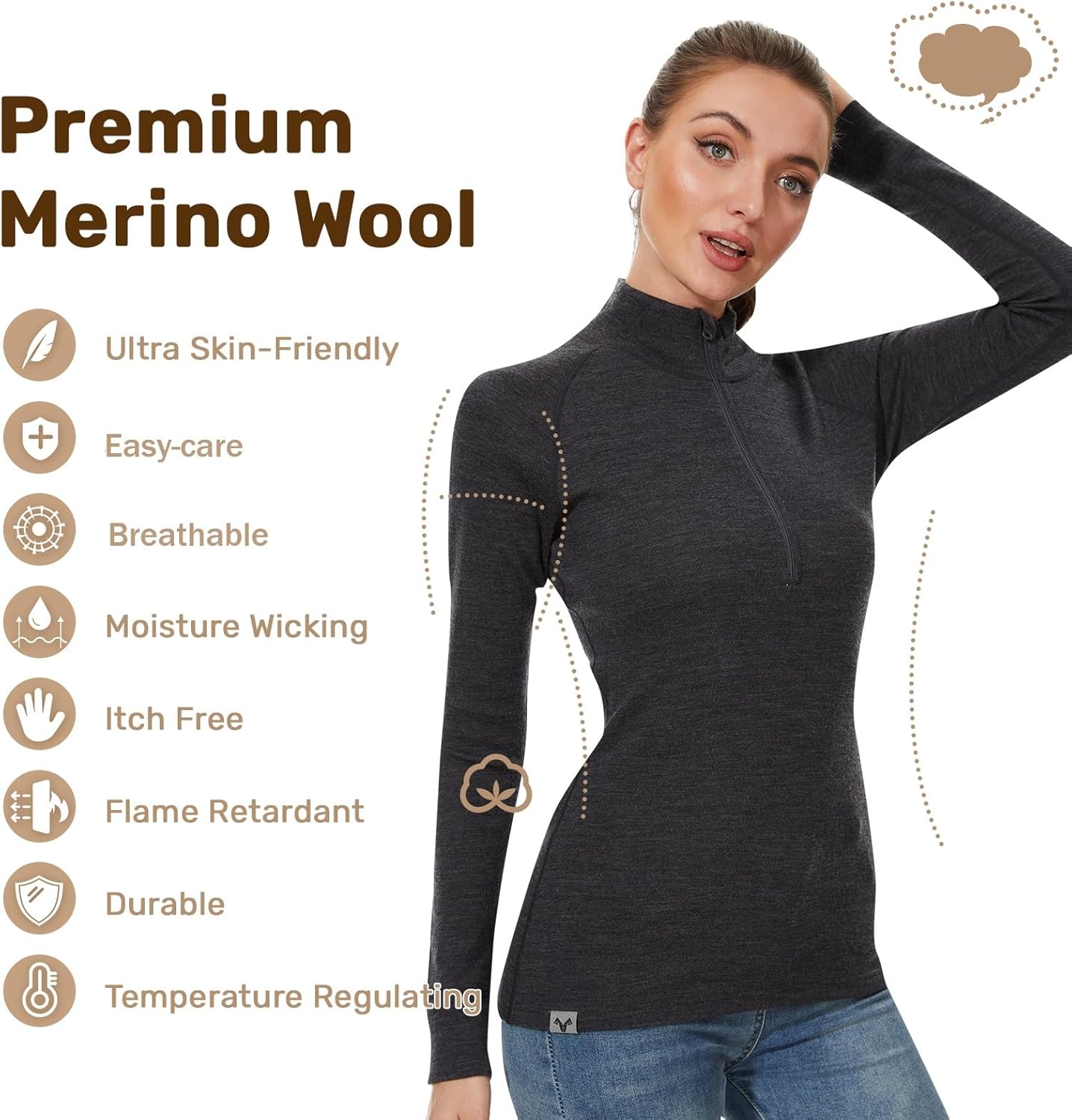 MERINNOVATION Merino Wool Base Layer for Womens - Wool Half Zip Sweater Long Sleeve Midweight Quarter Zip Women Shirt - Image 4