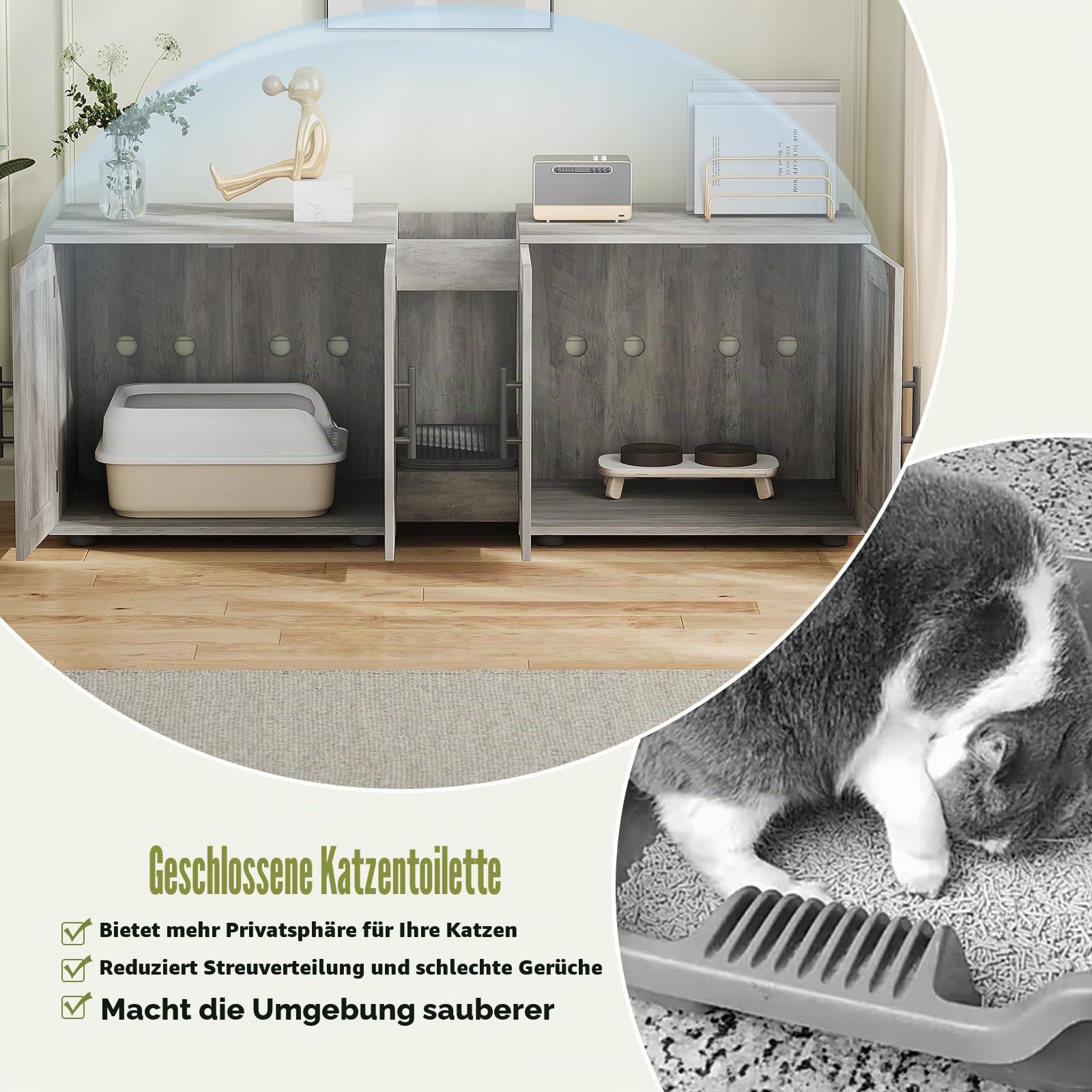 Katzenklo-Schrank, Katzenschrank, 3 in 1 Versteckter Katzentoilette Mit Tür Trennwand Kratzmatte, Katzenhaus Für Große Katzen Unter 10 kg, MDF, Wohnzimmer, Schlafzimmer, 140x45x57cm, Grau