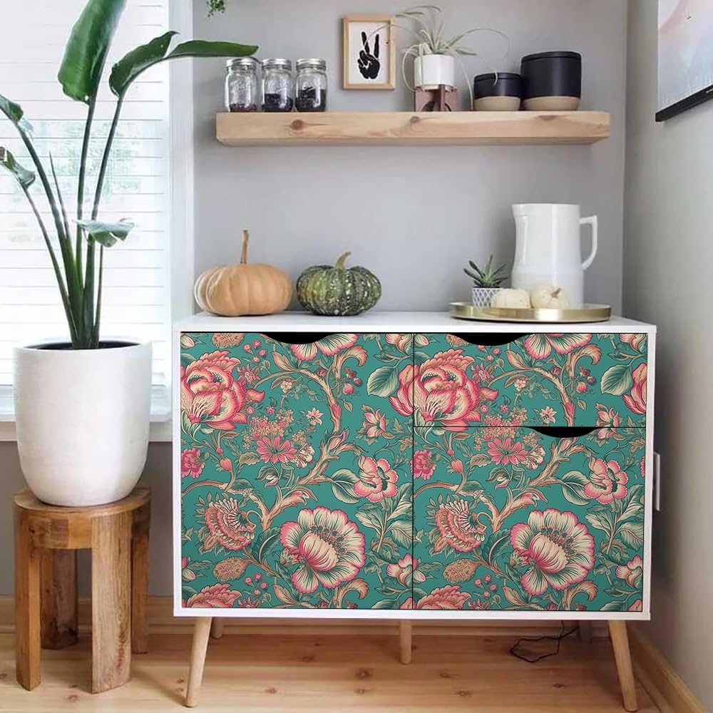18"x236" Teal Blue Pink Vintage Flower Peel and Stick Self Adhesive Wallpaper Removable Contact Paper Stick on Easy Peel Off Wall Paper for Kitchen Bedroom Bathroom Renter