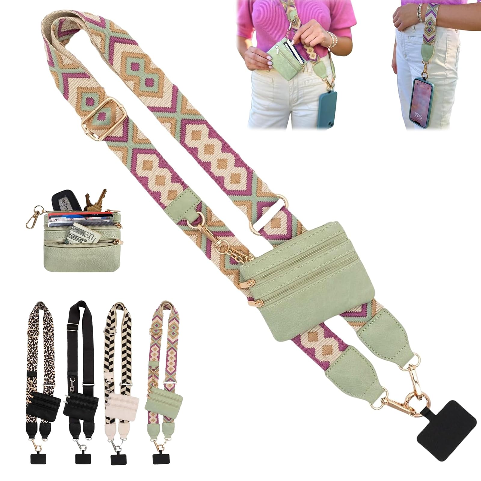Clip and Go Strap for Phone, Adjustable Crossbody Style with Wallet | Zippered Pouch for Cards, Cash, Small Belongings, Extra Room for Daily