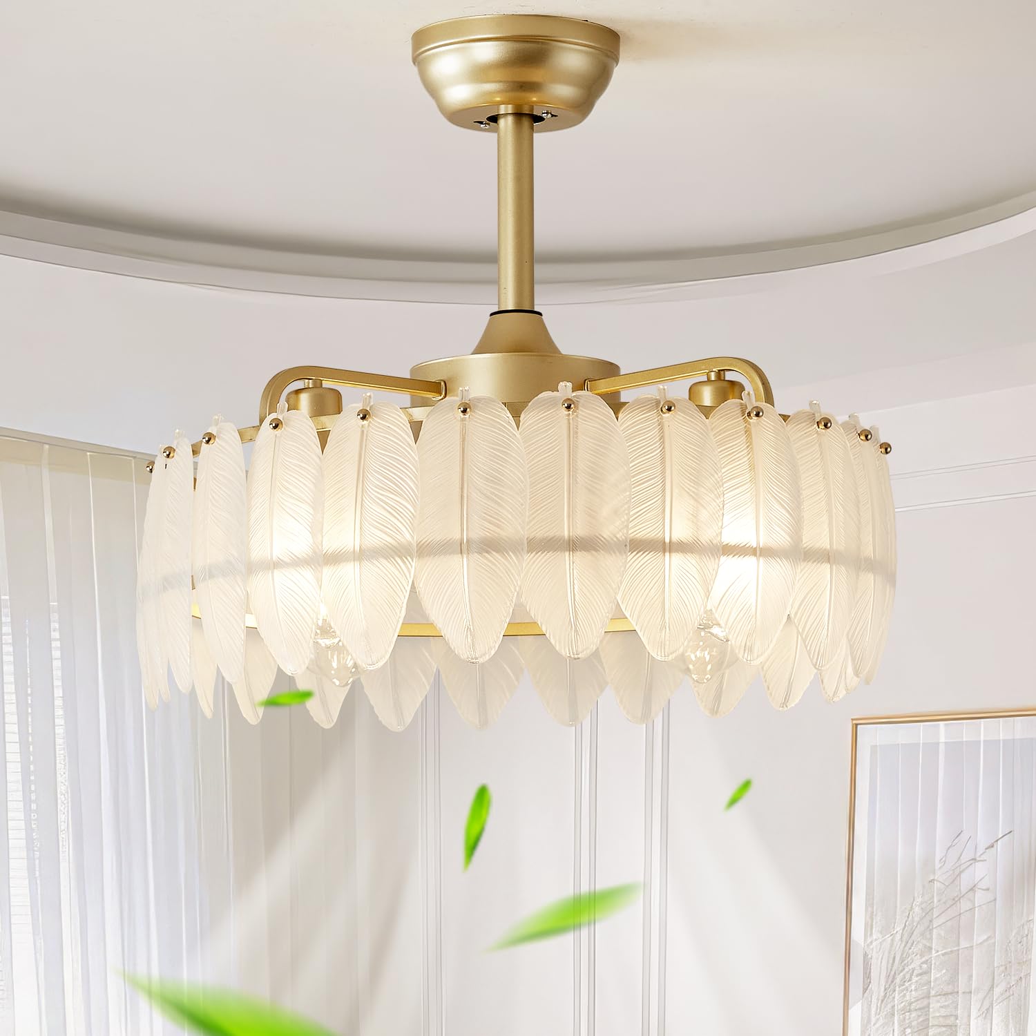fandelier, fandelier ceiling fan with light, Caged Ceiling Fan with Light Semi Flush Mount, 20 Inch, Remote Control, Gold Fandalier 6 Speeds Low Profile for Girl's Bedroom, Living Room