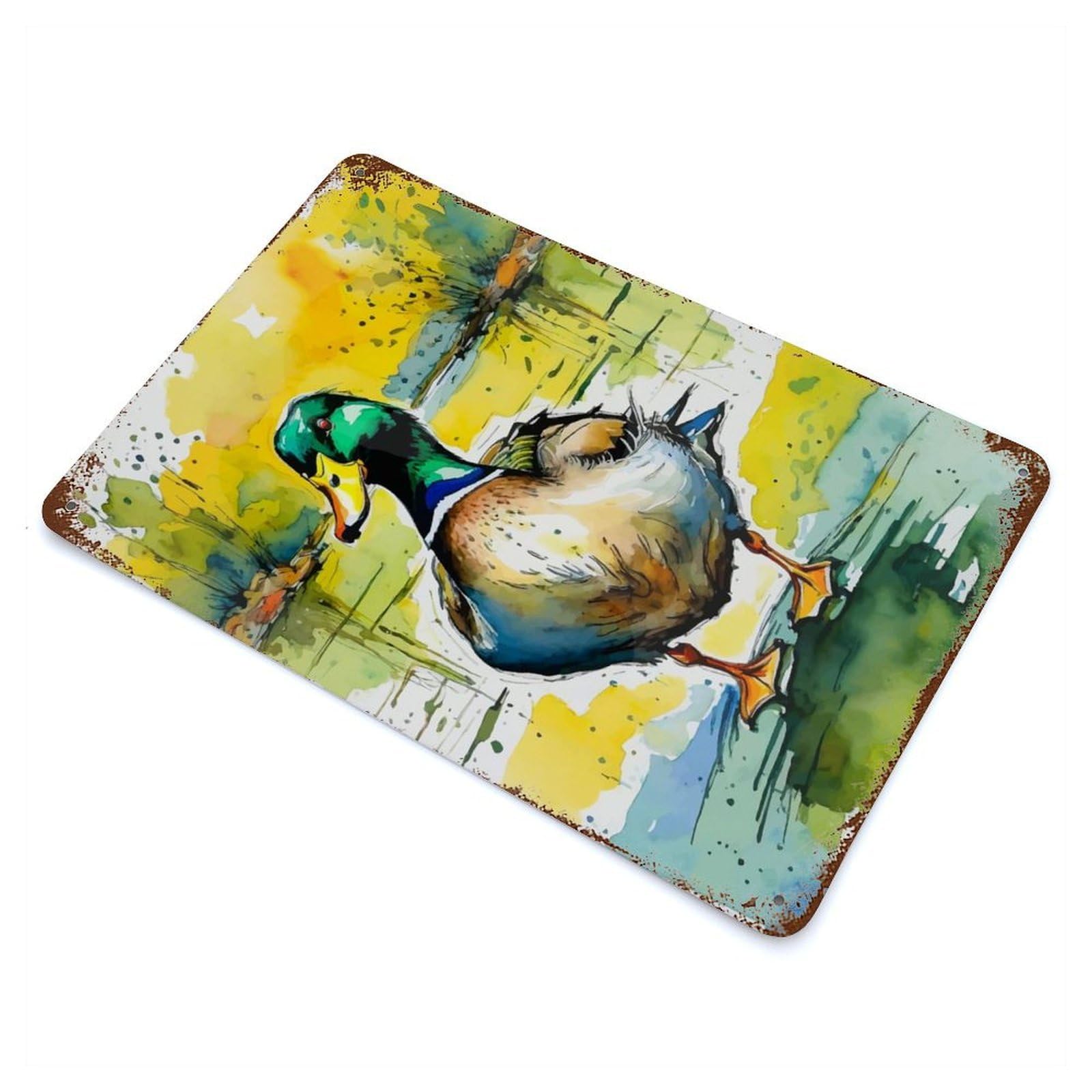 Watercolor Mallard Duck Distressed Metal Wall Sign 11.8"x7.9", Rustic Home Decor for Farmhouse, Kitchen And Entryway Decor