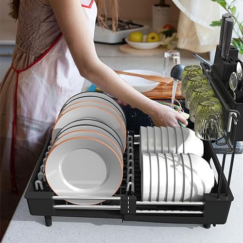 Miniatura 5 de Ollieroo Escurridor de platos, resistente al óxido para encimera de cocina con soporte extraíble para utensilios, ranuras para cuchillos y soporte