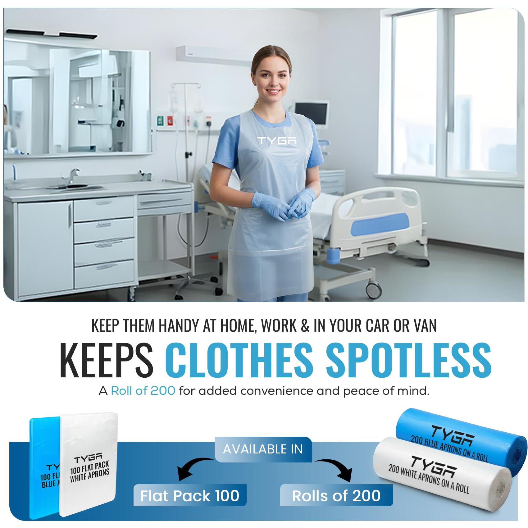 TYGA Store | 200 tabliers blancs jetables sur un rouleau – Tablier facile à distribuer pour médical, nettoyage, peinture, coiffeurs, pâtisserie et chefs – EPI (rouleau de 200) (1)