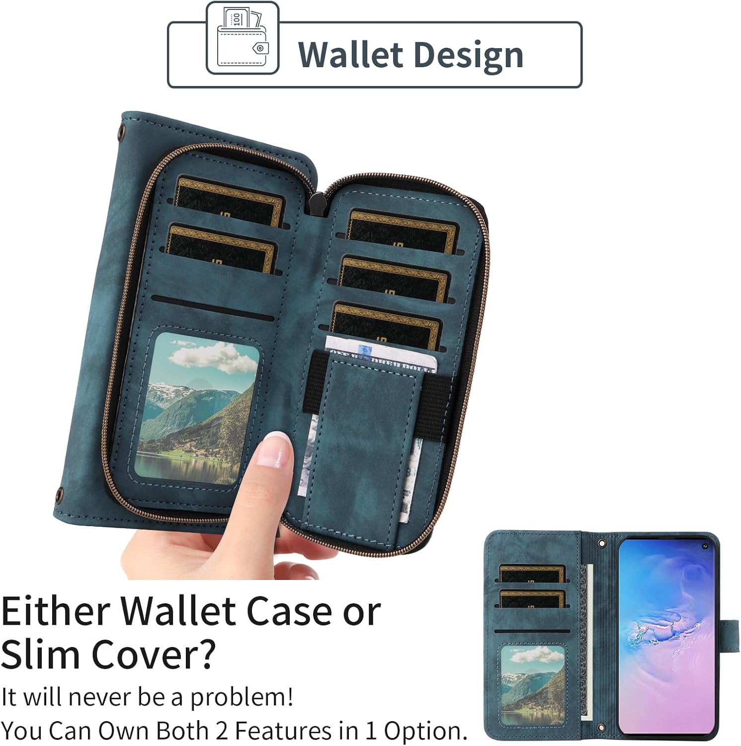 Phone Case for Samsung Galaxy S10 Wallet Cell Cover with Tempered Glass Screen Protector Crossbody Lanyard Strap Flip Stand Zipper Purse Card Holder Slot Mobile S 10 Edge 10S GS10 X10 Women Men Blue