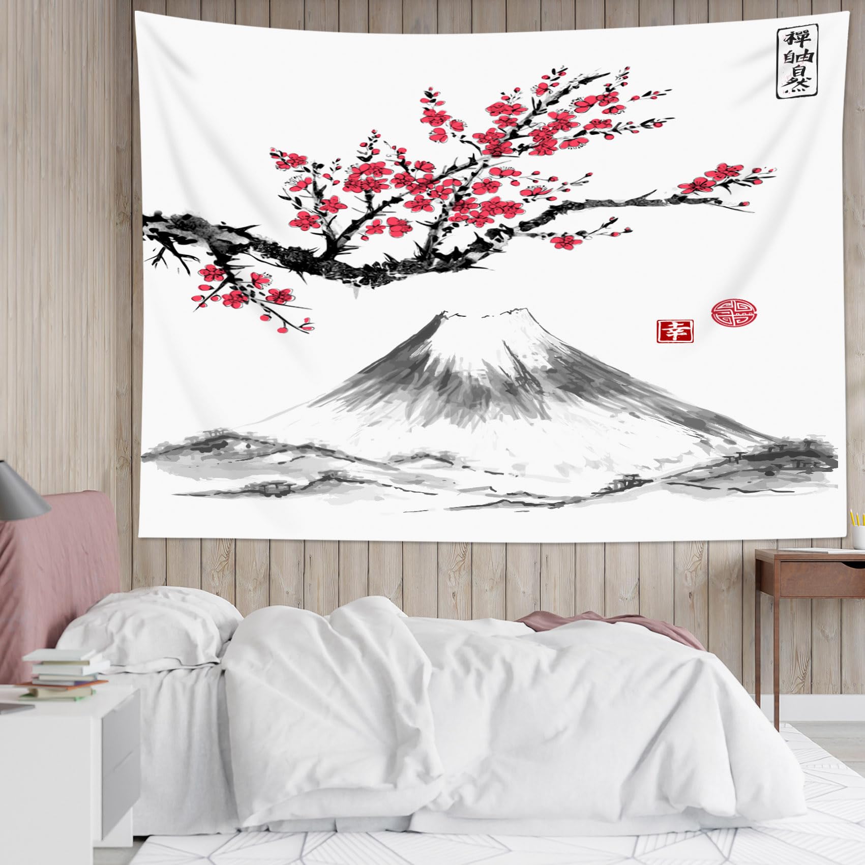LB Japanese Mountain Tapestry Red Flower Wall Hanging Tapestry Black White Grey Tapestries for Living Room Bedroom Dorm Wall Decor,59x39 inch - Image 2