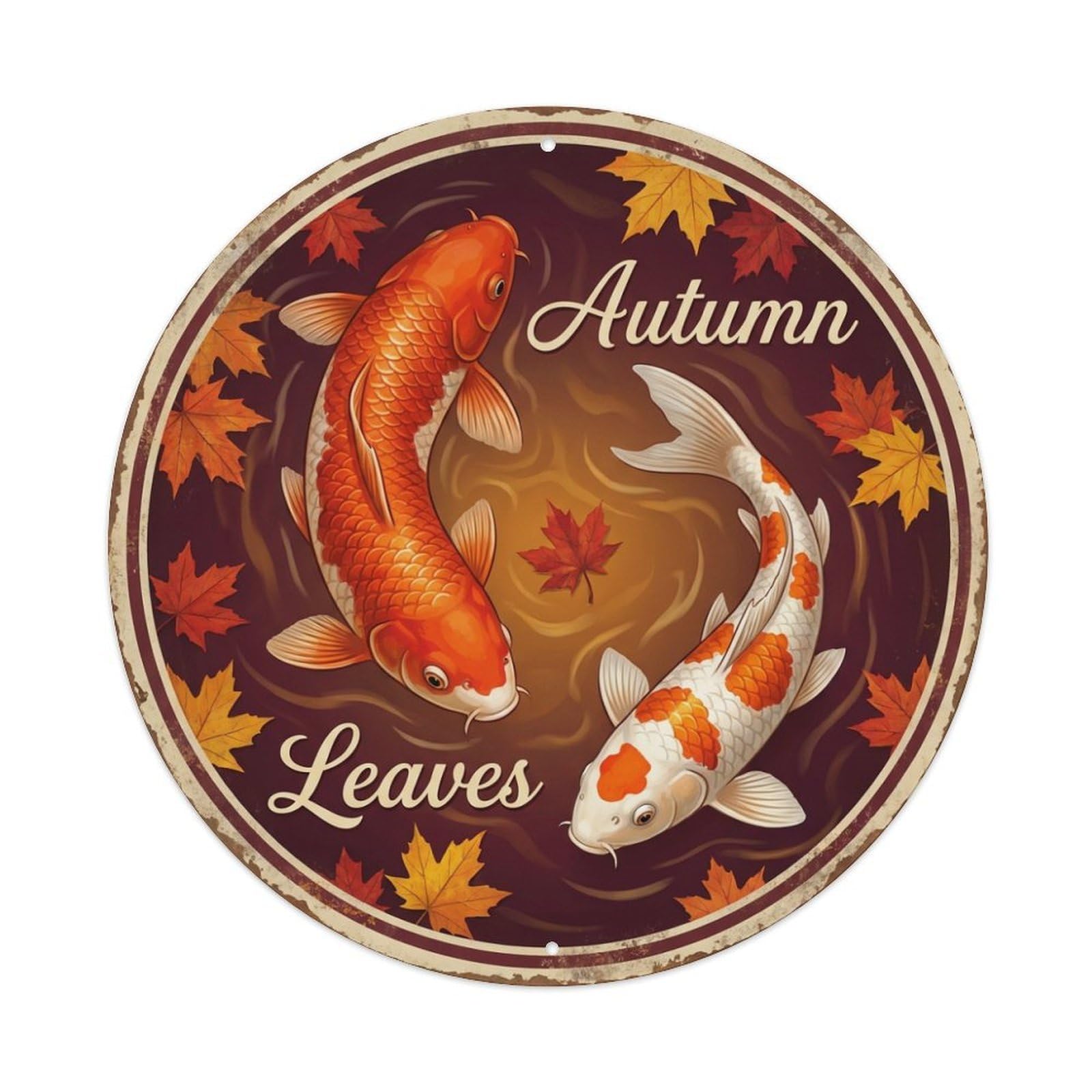 Metal Tin Sign Koi Fish Maple Leaves Japan Retro Ukiyo-e