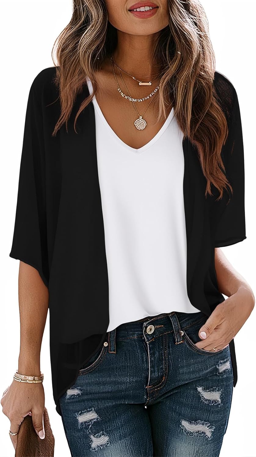 LILBETTER Women Lightweight Chiffon Cardigan Puff Sleeve Loose Beach Wear Cover Up Blouse Top
