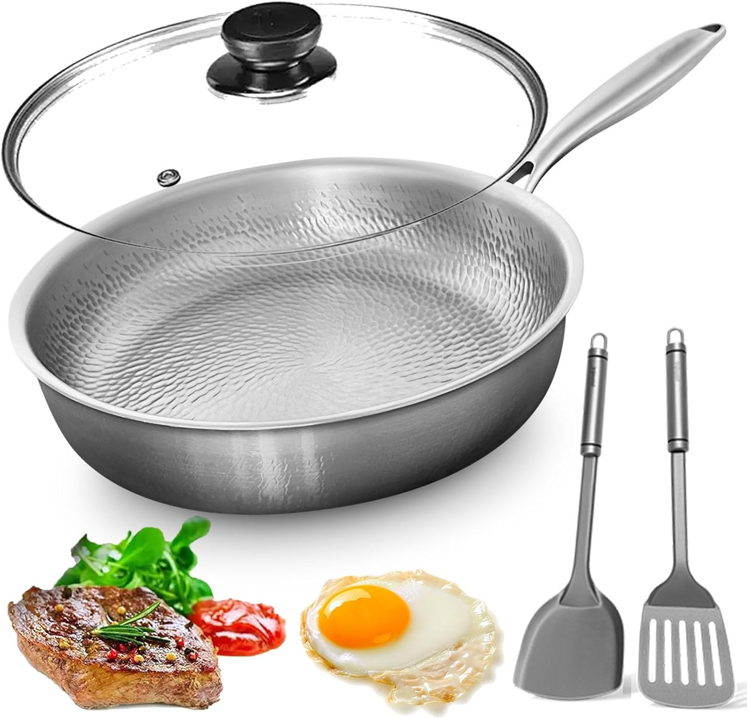 Titanium Pan, 100% Pure Titanium Pans for Cooking, Fast Heating, Titaniums Cookware, Dishwasher-Safe, No-Coating Nonstick Skillet with Spatula, Induction-Compatible (10.23in with Lid)